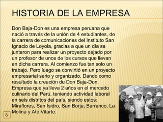 HISTORIA DE LA EMPRESA
    Don Baja-Don es una empresa peruana que
    nació a través de la unión de 4 estudiantes, de
    la carrera de comunicaciones del Instituto San
    Ignacio de Loyola, gracias a que un día se
    juntaron para realizar un proyecto dejado por
    un profesor de unos de los cursos que llevan
    en dicha carrera. Al comienzo fue tan solo un
    trabajo. Pero luego se convirtió en un proyecto
    empresarial serio y organizado. Dando como
    resultado la creación de Don Baja-Don.
    Empresa que ya lleva 2 años en el mercado
    culinario del Perú, teniendo actividad laboral
    en seis distritos del país, siendo estos:
    Miraflores, San Isidro, San Borja, Barranco, La
    Molina y Ate Vitarte.
6
 