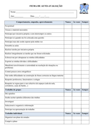 FICHA DE AUTO-AVALIAÇÃO
Comportamento, empenho, aproveitamento Nunca Às vezes Sempre
Fui pontual
Trouxe o material necessário
Participei por iniciativa própria e sem interromper os outros
Participei só quando me foi colocada uma questão
Participei mas não soube esperar pela minha vez
Perturbei as aulas
Realizei tarefas por iniciativa própria
Realizei integralmente as tarefas que me foram solicitadas
Esforcei-me por ultrapassar as minhas dificuldades
Exprimi as minhas dúvidas e dificuldades
Manifestei envolvimento e curiosidade na resolução de situações ou
problemas
Cometi poucos erros ortográficos
Não tenho dificuldades na construção de frases correctas na língua materna
Respeitei professores, funcionários e colegas
Respeitei as regras para o uso colectivo de espaços (sala de aula,
corredores, casas de banho...)
Trabalho de grupo: Nunca Às vezes Sempre
Dei opiniões
Soube aceitar opiniões diferentes das minhas
Investiguei
Seleccionei e organizei a informação
Participei na apresentação do trabalho
Trabalho individual: Nunca Às vezes Sempre
Organizei um plano de estudos
Cumpri o plano
Nome:____________________________________________________________
Ano:_________ Data. ____ / ____ /____
 