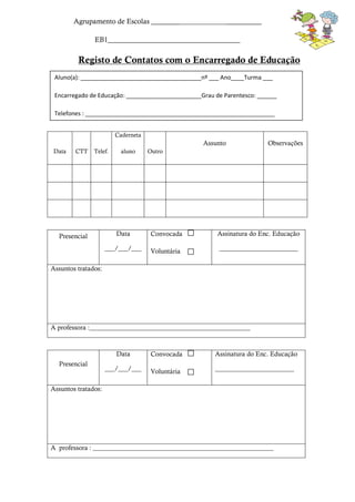 Agrupamento de Escolas ________________________________
EB1_____________________________________
Registo de Contatos com o Encarregado de Educação
Data CTT Telef.
Caderneta
aluno Outro
Assunto Observações
Presencial Data
___/___/___
Convocada
Voluntária
Assinatura do Enc. Educação
________________________
Assuntos tratados:
A professora :_________________________________________________
Presencial
Data
___/___/___
Convocada
Voluntária
Assinatura do Enc. Educação
________________________
Assuntos tratados:
A professora : _______________________________________________________
Aluno(a): _____________________________________nº ___ Ano____Turma ___
Encarregado de Educação: _______________________Grau de Parentesco: ______
Telefones : __________________________________________________________
 