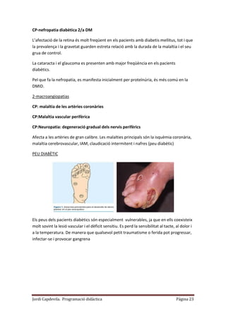 Jordi Capdevila. Programació didàctica Página 23
CP-nefropatia diabètica 2/a DM
L’afectació de la retina és molt freqüent en els pacients amb diabetis mellitus, tot i que
la prevalença i la gravetat guarden estreta relació amb la durada de la malaltia i el seu
grua de control.
La cataracta i el glaucoma es presenten amb major freqüència en els pacients
diabètics.
Pel que fa la nefropatia, es manifesta inicialment per proteïnúria, és més comú en la
DMID.
2-macroangiopatias
CP: malaltia de les artèries coronàries
CP:Malaltia vascular perifèrica
CP:Neuropatia: degeneració gradual dels nervis perifèrics
Afecta a les artèries de gran calibre. Les malalties principals són la isquèmia coronària,
malaltia cerebrovascular, IAM, claudicació intermitent i nafres (peu diabètic)
PEU DIABÈTIC
Els peus dels pacients diabètics són especialment vulnerables, ja que en ells coexisteix
molt sovint la lesió vascular i el dèficit sensitiu. Es perd la sensibilitat al tacte, al dolor i
a la temperatura. De manera que qualsevol petit traumatisme o ferida pot progressar,
infectar-se i provocar gangrena
 