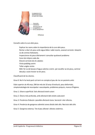 Jordi Capdevila. Programació didàctica Página 24
Consells sobre la cura dels peus.
Explicar les raons sobre la importància de la cura dels peus.
Rentar a diari els peus amb aigua tèbia i sabó neutre, assecat correcte i després
ús de cremes hidratants.
Inspeccionar els peus diàriament i consultar qualsevol problema
Canvi de mitjons cada dia
Elecció correcte de els sabates
Visita podòleg sovint
Tallar ungles rectes
MAI: fer ús de bosses d’aigua calenta o estris per escalfar-se els peus, caminar
descalç o auto tractar-se els peus.
Classificació de les úlceres.
Grau 0. No hi ha lesió però cal tenir en compte el peu de risc en pacients amb:
Edat superior als 40 anys, DM de més de 10 anys d’evolució, peus deformats,
simptomatologia de neuropatia i vasculopatia, problemes psíquics, manca d’higiene.
Grau 1. Ulcera superficial. Sols afectació teixit cutani
Grau 2. Úlcera més profunda, amb afectació dels teixits subcutani
Grau 3. Presència d’abscés i possible afectació òssia. Secreció i olor ofensiu.
Grau 4. Presència de gangrena sobretot zones distals dels dits. Necrosis dels dits
Grau 5. Gangrena extensa. Tot el peu afectat i afectes sistèmics.
 