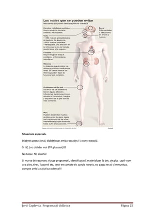 Jordi Capdevila. Programació didàctica Página 25
Situacions especials.
Diabetis gestacional, diabètiques embarassades i la contracepció.
Si I.Q ( no oblidar mai STP glucosat)!!!
No tabac. No alcohol
Si marxa de vacances: viatge programat!, identificació!, material per la det. de gluc capil· com
ara piles, tires, l’aparell etc, tenir en compte els canvis horaris, no passa res si s’immunitza,
compte amb la salut bucodental!!
 