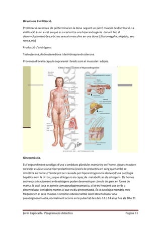 Jordi Capdevila. Programació didàctica Página 31
Hirsutisme i virilització.
Proliferació excessiva de pèl terminal en la dona seguint un patró masculí de distribució. La
virilització és un estat en què es caracteritza una hiperandrogènia donant lloc al
desenvolupament de caràcters sexuals masculins en una dona (clitoromegalia, alopècia, veu
ronca, etc)
Producció d’andrògens:
Testosterona, Androstenediona i deshidroepiandrosterona.
Provenen d’ovaris capsula suprarenal i teixits com el muscular i adipós.
Ginecomàstia.
És l’engrandiment patològic d'una o ambdues glàndules mamàries en l'home. Aquest trastorn
sol estar associat a una hiperprolactinemia (excés de prolactina en sang que també se
sintetitza en homes).També pot ser causada per hiperestrogenisme derivat d'una patologia
hepàtica com la cirrosi, ja que el fetge no és capaç de metabolitzar els estrògens. Els homes
sotmesos a tractament amb estrògens poden desenvolupar cúmuls de greix en forma de
mama, la qual cosa es coneix com pseudoginecomastia, si bé és freqüent que arribi a
desenvolupar veritables mames al que es diu ginecomàstia. És la patologia mamària més
freqüent en el sexe masculí. Els homes obesos també solen desenvolupar una
pseudoginecomastia, normalment ocorre en la pubertat des dels 12 o 14 anys fins als 20 o 21.
 
