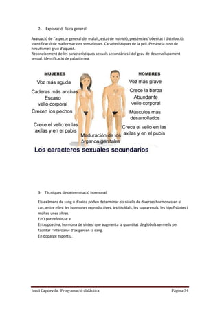 Jordi Capdevila. Programació didàctica Página 34
2- Exploració física general.
Avaluació de l'aspecte general del malalt, estat de nutrició, presència d'obesitat i distribució.
Identificació de malformacions somàtiques. Característiques de la pell. Presència o no de
hirsutisme i grau d'aquest.
Reconeixement de les característiques sexuals secundàries i del grau de desenvolupament
sexual. Identificació de galactorrea.
3- Tècniques de determinació hormonal
Els exàmens de sang o d'orina poden determinar els nivells de diverses hormones en el
cos, entre elles: les hormones reproductives, les tiroïdals, les suprarenals, les hipofisiàries i
moltes unes altres
EPO pot referir-se a:
Eritropoetina, hormona de síntesi que augmenta la quantitat de glòbuls vermells per
facilitar l'intercanvi d'oxigen en la sang.
En dopatge esportiu.
 