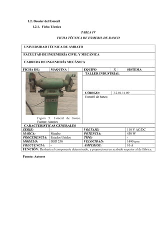 1.2. Dossier del Esmeril
1.2.1. Ficha Técnica
TABLA IV
FICHA TÉCNICA DE ESMERIL DE BANCO
UNIVERSIDAD TÉCNICA DE AMBATO
FACULTAD DE INGENIERÍA CIVIL Y MECÁNICA
CARRERA DE INGENIERÍA MECÁNICA
FICHA DE: MÁQUINA EQUIPO X SISTEMA
Figura 5. Esmeril de banco.
Fuente: Autores
TALLER INDUSTRIAL
CÓDIGO: 3.2.01.11.09
Esmeril de banco
CARACTERÍSTICAS GENERALES
SERIE: - VOLTAJE: 110 V AC/DC
MARCA: Metabo POTENCIA: 450 W
PROCEDENCIA: Estados Unidos TIPO: -
MODELO: DSD 250 VELOCIDAD: 1490 rpm
FRECUENCIA: - AMPERIOS: 10 A
FUNCIÓN: Desbasta el componente determinado, y proporciona un acabado superior al de fábrica.
Fuente: Autores
 