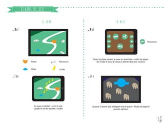 10
ÉCRANS DE JEU
LE JOUR LA NUIT
Wol
Lou
Renard Ressources
LucioleOiseau
Le joueur contrôlant Lou est le seul
capable de voir les lucioles à récolter
Ressources
Durant sa phase passive, le joueur au renard devra crafter des pièges,
afin d’aider le joueur à l’oiseau à défendre leur abris nocturne.
Le joueur 2 devient actif, protégeant ainsi le joueur 1 à l’aide de pièges et
pouvoirs spéciaux.
Wol
Lou
 