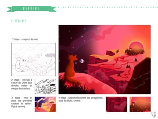 22
RECHERCHES
3E
AMBIANCE
1re
étape : croquis à la main
2e
étape : encrage à
l’encre de Chine pour
dévoiler, mettre en
exergue les courbes.
3e
étape : mise en
place des premières
couleurs et valeurs.
Digital painting.
4e
étape : Approfondissement des perspectives,
ajout de détails, lumière.
 