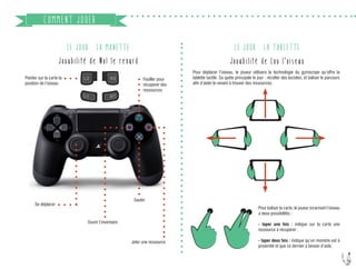 8
LE JOUR : LA MANETTE
Jouabilité de Wol le renard
LE JOUR : LA TABLETTE
COMMENT JOUER
Jouabilité de Lou l’oiseau
Ouvrir l’inventaire
Sauter
Jeter une ressource
Fouiller pour
récuperer des
ressources
Se déplacer
Pointer sur la carte la
position de l’oiseau
Pour déplacer l’oiseau, le joueur utilisera la technologie du gyroscope qu’offre la
tablette tactile. Sa quête principale le jour : récolter des lucioles, et baliser le parcours
afin d’aider le renard à trouver des ressources.
Pour baliser la carte, le joueur incarnant l’oiseau
a deux possibilités :
- taper une fois : indique sur la carte une
ressource à récupérer ;
- taper deux fois : indique qu’un monstre est à
proximité et que ce dernier a besoin d’aide.
 
