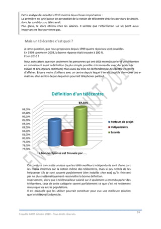 Cette analyse des résultats 2010 montre deux choses importantes :
 La première est une baisse de perception de la notion de télécentre chez les porteurs de projet,
 donc les candidats au télétravail.
 Plus grave, le score obtenu chez les salariés. Il semble que l’information sur un point aussi
 important ne leur parvienne pas.


    Mais un télécentre c’est quoi ?
    A cette question, que nous proposons depuis 1999 quatre réponses sont possibles.
    En 1999 comme en 2003, la bonne réponse était trouvée à 100 %.
    Et en 2010 ?
    Nous constatons que non seulement les personnes qui ont déjà entendu parler d’un télécentre
    en connaissent aussi la définition (la plus simple possible -Un immeuble avec des postes de
    travail et des services communs) mais aussi qu’elles ne confondent pas télécentre et centre
    d’affaires. Encore moins d’ailleurs avec un centre depuis lequel il serait possible d’envoyer des e-
    mails ou d’un centre depuis lequel on pourrait téléphoner partout.




                            Définition d'un télécentre
                                                    87,50%

  88,00%
  87,00%
  86,00%
  85,00%
                                                                              Porteurs de projet
  84,00%
  83,00%                                                                      Indépendants
  82,00%
                                                                              Salariés
  81,00%
  80,00%
  79,00%
  78,00%
  77,00%
               La bonne réponse est trouvée par ….


      On constate dans cette analyse que les télétravailleurs indépendants sont d’une part
      les mieux informés sur la notion même des télécentres, mais si peu tentés de les
      fréquenter (ils se sont souvent parfaitement bien installés chez eux) qu’ils finissent
      par ne plus systématiquement reconnaître la bonne définition.
      Inversement, alors que 1 télétravailleur salarié sur 2 seulement a entendu parler des
      télécentres, ceux de cette catégorie savent parfaitement ce que c’est et nettement
      mieux que les autres populations.
      Il est probable que les utiliser pourrait constituer pour eux une meilleure solution
      que le télétravail à domicile.




                                                                                                    24
Enquête ANDT octobre 2010 – Tous droits réservés.
 