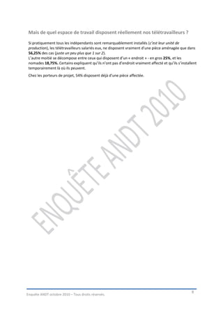 Mais de quel espace de travail disposent réellement nos télétravailleurs ?
 Si pratiquement tous les indépendants sont remarquablement installés (c’est leur unité de
 production), les télétravailleurs salariés eux, ne disposent vraiment d’une pièce aménagée que dans
 56,25% des cas (juste un peu plus que 1 sur 2).
 L’autre moitié se décompose entre ceux qui disposent d’un « endroit » - en gros 25%, et les
 nomades 18,75%. Certains expliquent qu’ils n’ont pas d’endroit vraiment affecté et qu’ils s’installent
 temporairement là où ils peuvent.
 Chez les porteurs de projet, 54% disposent déjà d’une pièce affectée.




                                                                                                    8
Enquête ANDT octobre 2010 – Tous droits réservés.
 