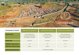 LANSBRICA
O Territorio dos Poboados Fortificados
PROGRAMAS E TARIFAS
DESCRICIÓN
DURACIÓN
TARIFAS (tempada alta)
TARIFAS (tempada baixa)
MALETAS DIDÁCTICAS
PROGRAMA INFANTIL PROGRAMA BÁSICO PROGRAMA COMPLETO
Visita guiada polo
castro, pola exposición
e obradoiro a escoller
2,5 horas
4 €
3,50 €
2,5 horas
5 €
4 €
1,5 horas
3 €
2,50 €
3€ (todas as idades)
Visita guiada
polo castro e pola
exposición
Visita guiada polo
castro, pola exposición e
obradoiro a escoller
 