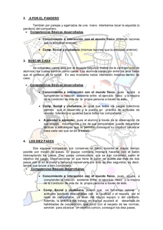 2.   A POR EL PANDERO

      También por parejas y agarrados de una mano intentamos tocar la espalda (o
pandero) del compañero.
  Competencias Básicas desarrolladas

              Conocimiento e interacción con el mundo físico (mismas razones
               que la actividad anterior).

              Comp. Social y ciudadana (mismas razones que la actividad anterior).


3. BUSCAR CASA

       Se extienden varios aros por el espacio (algunos menos de la cantidad total de
alumnos) los cuales servirán como casas. Los alumnos corren por entre los aros hasta
que el profesor dé la señal. En ese momento todos intentarán meterse dentro de
casa.

  Competencias Básicas desarrolladas

              Conocimiento e interacción con el mundo físico , pues ayuda a
               comprender la relación existente entre el ejercicio físico y la mejora
               de la condición de vida de la propia persona a través de éste.

              Comp. Social y ciudadana, al igual que todos los juegos colectivos
               permite que el desarrollo y la puesta en práctica de actitudes de
               respeto tolerancia e igualdad hacia todos los compañeros.

              A prender a aprender, pues el alumno a través de la observación de
              sus propios movimientos y los de sus compañeros puede desarrollar
              tácticas o estrategias que le permitan conseguir su objetivo (alcanzar
              casa cada vez que se dé la señal).


4.   LOS DIEZ PASES

        Dos equipos competirán por conservar el balón durante el mayor tiempo
posible por medio de pases. El equipo contrario intentará hacerse con el balón
interceptando los pases. Diez pases consecutivos, que se irán contando, serán el
objetivo del juego. Observaciones: el que tiene el balón no puede dar más de dos
pasos con él en la mano y tampoco conservarle por más de tres segundos, es decir,
tendrá que lanzar a otro compañero.
   Competencias Básicas desarrolladas

              Conocimiento e interacción con el mundo físico , pues ayuda a
               comprender la relación existente entre el ejercicio físico y l a mejora
               de la condición de vida de la propia persona a través de éste.

              Comp. Social y ciudadana, puesto que se fomentan valores y
              actitudes positivas relacionadas con la igualdad o el respeto por el
              resto de compañeros, ya sean del mismo equipo o del contrario.
              Además, la práctica del trabajo en equipo ayudará al desarrollo de
              habilidades de cooperación, que junto con el respeto de las normas,
              servirán para alcanzar un objetivo común, conseguir los diez pases.
 