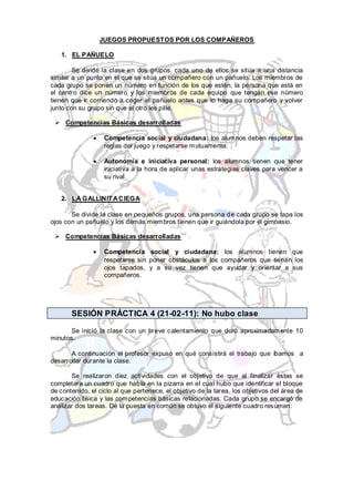 JUEGOS PROPUESTOS POR LOS COMPAÑEROS

   1. EL PAÑUELO

        Se divide la clase en dos grupos, cada uno de ellos se sitúa a una distancia
similar a un punto en el que se sitúa un compañero con un pañuelo. Los miembros de
cada grupo se ponen un número en función de los que estén, la persona que está en
el centro dice un número y los miembros de cada equipo que tengan ese número
tienen que ir corriendo a coger el pañuelo antes que lo haga su compañero y volver
junto con su grupo sin que el otro les pille.

  Competencias Básicas desarrolladas

                   Competencia social y ciudadana: los alumnos deben respetar las
                   reglas del juego y respetarse mutuamente.

                   Autonomía e iniciativa personal: los alumnos tienen que tener
                   iniciativa a la hora de aplicar unas estrategias claves para vencer a
                   su rival.


   2. LA GALLINIT A CIEGA

       Se divide la clase en pequeños grupos, una persona d e cada grupo se tapa los
ojos con un pañuelo y los demás miembros tienen que ir guiándola por el gimnasio.

  Competencias Básicas desarrolladas

                   Competencia social y ciudadana: los alumnos tienen que
                   respetarse sin poner obstáculos a los compañeros que tienen los
                   ojos tapados, y a su vez tienen que ayudar y orientar a sus
                   compañeros.




       SESIÓN PRÁCTICA 4 (21-02-11): No hubo clase

       Se inició la clase con un breve calentamiento que duró aproximadamente 10
minutos.

       A continuación el profesor expuso en qué consistirá el trabajo que íbamos a
desarrollar durante la clase.

       Se realizaron diez actividades con el objetivo de que al finalizar éstas se
completara un cuadro que había en la pizarra en el cual hubo que identificar el bloque
de contenido, el ciclo al que pertenece, el objetivo de la tarea, los objetivos del área de
educación física y las competencias básicas relacionadas. Cada grupo se encargó de
analizar dos tareas. De la puesta en común se obtuvo el siguiente cuadro resumen:
 