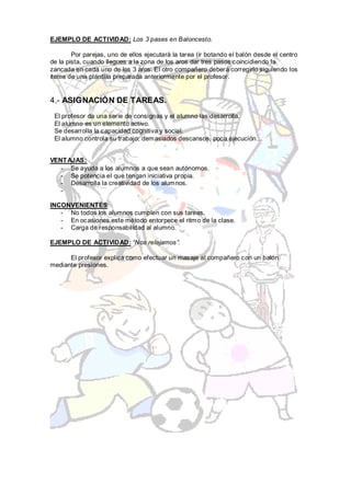 EJEMPLO DE ACTIVIDAD: Los 3 pases en Baloncesto.

        Por parejas, uno de ellos ejecutará la tarea (ir botando el balón desde el centro
de la pista, cuando llegues a la zona de los aros dar tres pasos coincidiendo la
zancada en cada uno de los 3 aros. El otro compañero deberá corregirlo siguiendo los
ítems de una plantilla preparada anteriormente por el profesor.


4.- ASIGNACIÓN DE TAREAS.
 El profesor da una serie de consignas y el alumno las desarrolla.
 El alumno es un elemento activo.
 Se desarrolla la capacidad cognitiva y social.
 El alumno controla su trabajo; demasiados descansos, poca ejecución…


VENT AJAS:
   - Se ayuda a los alumnos a que sean autónomos.
   - Se potencia el que tengan iniciativa propia.
   - Desarrolla la creatividad de los alumnos.
   -

INCONVENIENTES:
   - No todos los alumnos cumplen con sus tareas.
   - En ocasiones este método entorpece el ritmo de la clase.
   - Carga de responsabilidad al alumno.

EJEMPLO DE ACTIVIDAD: “Nos relajamos”.

      El profesor explica como efectuar un masaje al compañero con un balón
mediante presiones.
 