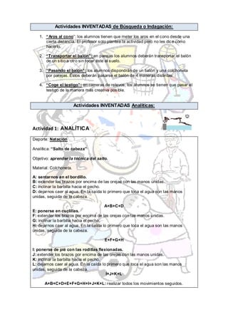 Actividades INVENTADAS de Búsqueda o Indagación:

   1. “Aros al cono”: los alumnos tienen que meter los aros en el cono desde una
      cierta distancia. El profesor solo plantea la actividad pero no les dice como
      hacerlo.

   2. “Transportar el balón”: en parejas los alumnos deberán transportar el balón
      de un sitio a otro sin tocar éste el suelo.

   3. “Pasando el balón”: los alumnos dispondrán de un balón y una colchoneta
      por parejas. Éstos deberán pasarse el balón de 4 maneras distintas.

   4. “Coge el testigo”: en carreras de relevos, los alumnos se tienen que pasar el
      testigo de la manera más creativa posible.


                        Actividades INVENTADAS Analíticas:



Actividad 1: ANALÍTICA

Deporte: Natación

Analítica: “Salto de cabeza”

Objetivo: aprender la técnica del salto.

Material: Colchoneta.

A: sentarnos en el bordillo.
B: extender los brazos por encima de las orejas con las manos unidas.
C: inclinar la barbilla hacia el pecho.
D: dejarnos caer al agua. En la caída lo primero que toca el agua son las manos
unidas, seguida de la cabeza.

                                        A+B+C+D
E: ponerse en cuclillas.
F: extender los brazos por encima de las orejas con las manos unidas.
G: inclinar la barbilla hacia el pecho.
H: dejarnos caer al agua. En la caída lo primero que toca el agua son las manos
unidas, seguida de la cabeza.

                                      E+F+G+H

I: ponerse de pié con las rodillas flexionadas.
J: extender los brazos por encima de las orejas con las manos unidas.
K: inclinar la barbilla hacia el pecho.
L: dejarnos caer al agua. En la caída lo primero que toca el agua son las manos
unidas, seguida de la cabeza.
                                        I+J+K+L

      A+B+C+D+E+F+G+H+I+J+K+L: realizar todos los movimientos seguidos.
 