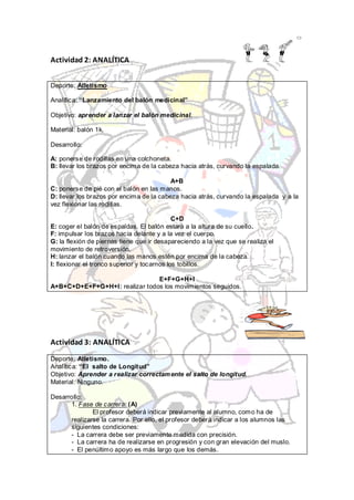 Actividad 2: ANALÍTICA


Deporte: Atletismo

Analítica: “Lanzamiento del balón medicinal”

Objetivo: aprender a lanzar el balón medicinal.

Material: balón 1k.

Desarrollo:

A: ponerse de rodillas en una colchoneta.
B: llevar los brazos por encima de la cabeza hacia atrás, curvando la espalada.

                                          A+B
C: ponerse de pié con el balón en las manos.
D: llevar los brazos por encima de la cabeza hacia atrás, curvando la espalada y a la
vez flexionar las rodillas.

                                             C+D
E: coger el balón de espaldas. El balón estará a la altura de su cuello.
F: impulsar los brazos hacia delante y a la vez el cuerpo.
G: la flexión de piernas tiene que ir desapareciendo a la vez que se realiza el
movimiento de retroversión.
H: lanzar el balón cuando las manos estén por encima de la cabeza.
I: flexionar el tronco superior y tocarnos los tobillos.

                                E+F+G+H+I
A+B+C+D+E+F+G+H+I: realizar todos los movimientos seguidos.




Actividad 3: ANALÍTICA

Deporte: Atletismo.
Analítica: “El salto de Longitud”
Objetivo: Aprender a realizar correctam ente el salto de longitud.
Material: Ninguno.

Desarrollo:
      1. Fase de carrera: (A)
              El profesor deberá indicar previamente al alumno, como ha de
      realizarse la carrera. Por ello, el profesor deberá indicar a los alumnos las
      siguientes condiciones:
      - La carrera debe ser previamente medida con precisión.
      - La carrera ha de realizarse en progresión y con gran elevación del muslo.
      - El penúltimo apoyo es más largo que los demás.
 