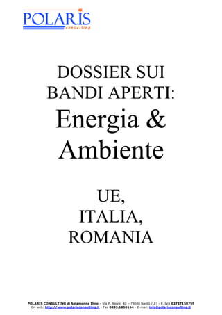 DOSSIER SUI
          BANDI APERTI:
               Energia &
               Ambiente
                          UE,
                        ITALIA,
                       ROMANIA


POLARIS CONSULTING di Salamanna Dino – Via P. Nenni, 40 – 73048 Nardò (LE) - P. IVA 03737150759
  On web: http://www.polarisconsulting.it - Fax 0833.1850154 - E-mail: info@polarisconsulting.it
 