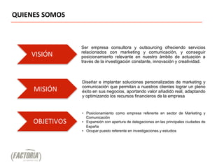 QUIENES	
  SOMOS	
  
	
  



                       Ser empresa consultora y outsourcing ofreciendo servicios
       VISIÓN	
        relacionados con marketing y comunicación, y conseguir
                       posicionamiento relevante en nuestro ámbito de actuación a
                       través de la investigación constante, innovación y creatividad.



                       Diseñar e implantar soluciones personalizadas de marketing y
        MISIÓN	
       comunicación que permitan a nuestros clientes lograr un pleno
                       éxito en sus negocios, aportando valor añadido real, adaptando
                       y optimizando los recursos financieros de la empresa


                       •  Posicionamiento como empresa referente en sector de Marketing y
                          Comunicación
       OBJETIVOS	
     •  Expansión con apertura de delegaciones en las principales ciudades de
                          España
                       •  Ocupar puesto referente en investigaciones y estudios
 