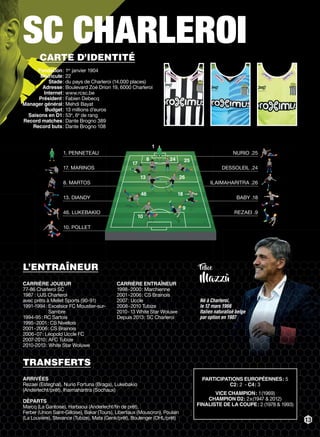 13
SC CHARLEROI
PARTICIPATIONS EUROPÉENNES: 5
C2: 2 - C4: 3
VICE CHAMPION: 1(1969)
CHAMPION D2: 2x(1947 & 2012)
FINALISTE DE LA COUPE: 2 (1978 & 1993)
TRANSFERTS
ARRIVÉES
Rezaei (Esteghal), Nurio Fortuna (Braga), Lukebakio
(Anderlecht/prêt), Ihaimaharitra (Sochaux)
DÉPARTS
Marcq (La Gantoise), Harbaoui (Anderlecht/ﬁn de prêt),
Ferber (Union Saint-Gilloise), Bakar (Tours), Libertiaux (Mouscron), Poulain
(La Louvière), Stevance (Tubize), Mata (Genk/prêt), Boulenger (OHL/prêt)
L’ENTRAÎNEUR
CARRIÈRE JOUEUR
77-86 Charleroi SC
1987 : UJS Charleroi
avec prêts à Mellet Sports (90-91)
1991-1994: Excelsior FC Moustier-sur-
Sambre
1994-95: RC Sartois
1995-2001: CS Nivellois
2001-2006: CS Brainois
2006-07: Léopold Uccle FC
2007-2010: AFC Tubize
2010-2013: White Star Woluwe
CARRIÈRE ENTRAÎNEUR
1998-2000: Marchienne
2001-2006: CS Brainois
2007: Uccle
2008-2010 Tubize
2010-13 White Star Woluwe
Depuis 2013: SC Charleroi
Felice
Mazzù
Né à Charleroi,
le 12 mars 1966
Italien naturalisé belge
par option en 1987
CARTE D’IDENTITÉ
Fondation: 1er
janvier 1904
Matricule: 22
Stade: du pays de Charleroi (14.000 places)
Adresse: Boulevard Zoé Drion 19, 6000 Charleroi
Internet: www.rcsc.be
Président : Fabien Debecq
Manager général: Mehdi Bayat
Budget: 13 millions d’euros
Saisons en D1: 53e
, 6e
de rang
Record matches: Dante Brogno 389
Record buts: Dante Brogno 108
1
1. PENNETEAU
17. MARINOS
8. MARTOS
13. DIANDY
46. LUKEBAKIO
10. POLLET
NURIO .25
DESSOLEIL .24
ILAIMAHARITRA .26
BABY .18
REZAEI .9
17
8 24 25
13
46 18
10
9
26
 