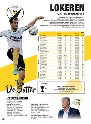 22
DÉFENSEURS
LOKERENCARTE D’IDENTITÉ
Fondation: le 1er
juillet 1970; Matricule: 282;
Stade: Sportstadion “Daknam” (12.641places);
Adresse: Daknamstraat 91, 9160 Lokeren; Internet: www.sporting.be;
Président, administrateur délégué et CQ: Roger Lambrecht;
Directeur sportif: Willy Reynders; Budget: 9,5 millions d’€;
Saisons en D1: 40e
, 21e
de rang; Record matches: Bouke Hogenboom 449;
Record buts: Preben Elkjær-Larsen 95
VICE-CHAMPION: 1X (1981)
CHAMPION D2: 1X (1996)
PARTICIPATIONS EUROPÉENNES: 11
C3: quart-ﬁnaliste 1981
2X
GARDIENSDÉFENSEURSMILIEUXATTAQUANTS
N° NomPrénom
Datede
naissance Nationalité Taille
Arrivée/
Fincontrat
Matches
Buts
auclub
12 DeWolfOrtwin 23/04/1997 Bel 1m92 2004/2017 10
30 GeensBo 10/08/1995 Bel 1m83 2017/2018 00
13 VerhulstDavino 25/11/1987 Bel 1m91 2013/2020 750
DeLangheSeppe 27/12/1997 Bel 2017/2018 00
20 FilipovicJakov 17/10/1992 Bos 1m90 2017/2020 00
5 MaricMijat 30/04/1984 Sui 1m88 2010/2019 22435
2 MarzoStefano 22/03/1991 Bel 1m81 2017/2020 1151
26 MonsecourArno 19/01/1996 Bel 1m76 2005/2018 60
35 MpatiTracy 21/03/1992 Bel 1m75 2017/2020 00
20 RassoulJoherKhadim 31/12/1995 Sén 1m87 2015/2020 330
6 SkulasonAriFreyr 14/05/1987 Isl 1m70 2016/2019 282
28 BenchaibAmine 18/06/1998 Mar/Bel 1m82 2011/2019 00
12 DeRidderSteve 25/02/1987 Bel 1m78 2016/2020 322
17 HuppertsGuus 25/04/1992 P-B 1m76 2016/2020 273
10 KehliSamy 27/01/1991 Fra/Alg 1m90 2017/2020 00
MichelJulian 19/02/1992 Fra 1m80 2017/2020 00
15 OkﬁrMohamed 4/08/1996 Nor/Mar 1m77 Jan2017/2019 90
7 OvermeireKillian 6/12/1985 Bel 1m88 1994/2018 39015
35 StraetmanBob 19/12/1997 Bel 1m83 2007/2018 252
14 TerkiMehdi 27/09/1991 Bel/Alg 1m85 jan.2016/2017 463
31 TorresJuanPablo 26/07/1999 USA 1m68 2017/2020 00
9 DeSutterTom 3/07/1985 Bel 1m92 2016/2019 3310
LawalYusuf 23/03/1998 Nga 2017/2020 00
18 MartinGary 10/10/1990 Ang 1m82 2017/2019 140
21 MiricMarko 26/03/1987 Ser 1m92 2015/2018 6210
27 SöderRobin 1/04/1991 Suè 1m77 2017/2020 00
33 TriestJoran 8/04/1997 Bel 1m84 2010/2018 10
Adresse:
Saisons en D1:
2X
GARDIENSDÉFENSEURSDÉFENSEURSMILIEUXATTAQUANTS
N° NomPrénom
12 DeWolfOrtwin
30 GeensBo
13 VerhulstDavino
DeLangheSeppeDeLangheSeppe
20 FilipovicJakovFilipovicJakov
5 MaricMijatMaricMijat
2 MarzoStefano
26 MonsecourArno
35 MpatiTracyMpatiTracy
20 RassoulJoherKhadim
6 SkulasonAriFreyrSkulasonAriFreyr
28 BenchaibAmine
12 DeRidderSteve
17 HuppertsGuusHuppertsGuus
10 KehliSamyKehliSamy
MichelJulian
15 OkﬁrMohamed
7 OvermeireKillian
35 StraetmanBob
14 TerkiMehdi
31 TorresJuanPablo
9 DeSutterTom
LawalYusuf
18 MartinGaryMartinGary
21 MiricMarko
27 SöderRobin
33 TriestJoran
PARTICIPATIONS EUROPÉENNES:PARTICIPATIONS EUROPÉENNES:PARTICIPATIONS EUROPÉENNES:PARTICIPATIONS EUROPÉENNES:PARTICIPATIONS EUROPÉENNES:PARTICIPATIONS EUROPÉENNES:PARTICIPATIONS EUROPÉENNES:PARTICIPATIONS EUROPÉENNES:PARTICIPATIONS EUROPÉENNES:PARTICIPATIONS EUROPÉENNES:PARTICIPATIONS EUROPÉENNES:PARTICIPATIONS EUROPÉENNES:PARTICIPATIONS EUROPÉENNES:PARTICIPATIONS EUROPÉENNES:PARTICIPATIONS EUROPÉENNES:PARTICIPATIONS EUROPÉENNES:PARTICIPATIONS EUROPÉENNES:PARTICIPATIONS EUROPÉENNES:PARTICIPATIONS EUROPÉENNES:PARTICIPATIONS EUROPÉENNES:PARTICIPATIONS EUROPÉENNES:PARTICIPATIONS EUROPÉENNES:PARTICIPATIONS EUROPÉENNES:PARTICIPATIONS EUROPÉENNES:PARTICIPATIONS EUROPÉENNES:PARTICIPATIONS EUROPÉENNES:PARTICIPATIONS EUROPÉENNES:PARTICIPATIONS EUROPÉENNES:PARTICIPATIONS EUROPÉENNES:PARTICIPATIONS EUROPÉENNES:PARTICIPATIONS EUROPÉENNES:PARTICIPATIONS EUROPÉENNES:PARTICIPATIONS EUROPÉENNES:PARTICIPATIONS EUROPÉENNES:PARTICIPATIONS EUROPÉENNES:PARTICIPATIONS EUROPÉENNES:PARTICIPATIONS EUROPÉENNES:PARTICIPATIONS EUROPÉENNES:PARTICIPATIONS EUROPÉENNES:PARTICIPATIONS EUROPÉENNES:PARTICIPATIONS EUROPÉENNES:PARTICIPATIONS EUROPÉENNES:PARTICIPATIONS EUROPÉENNES:PARTICIPATIONS EUROPÉENNES:PARTICIPATIONS EUROPÉENNES:PARTICIPATIONS EUROPÉENNES:PARTICIPATIONS EUROPÉENNES:PARTICIPATIONS EUROPÉENNES:PARTICIPATIONS EUROPÉENNES:PARTICIPATIONS EUROPÉENNES: 1111
C3:C3:C3:C3:C3:C3:C3:C3:C3:C3:C3:C3:C3:C3:C3: quart-ﬁnaliste 1981quart-ﬁnaliste 1981quart-ﬁnaliste 1981quart-ﬁnaliste 1981quart-ﬁnaliste 1981quart-ﬁnaliste 1981quart-ﬁnaliste 1981quart-ﬁnaliste 1981quart-ﬁnaliste 1981quart-ﬁnaliste 1981quart-ﬁnaliste 1981quart-ﬁnaliste 1981quart-ﬁnaliste 1981quart-ﬁnaliste 1981quart-ﬁnaliste 1981quart-ﬁnaliste 1981quart-ﬁnaliste 1981quart-ﬁnaliste 1981quart-ﬁnaliste 1981quart-ﬁnaliste 1981quart-ﬁnaliste 1981quart-ﬁnaliste 1981quart-ﬁnaliste 1981quart-ﬁnaliste 1981quart-ﬁnaliste 1981
Peter
Maes
Tom
De Sutter
L’ENTRAÎNEUR
Né à Schoten, le 1er
juin 1964
CARRIÈRE JOUEUR
1973-81 : Lutlommel VV ;
1981-89 : FC Lommel SK ;
1989-1990 : RC Malines ;
1990-1995 : SC Anderlecht ;
1995-96 : SK Beveren ;
1996-99 : Standard Liège ;
1999-2001 : Germinal Beerschot
CARRIÈRE ENTRAÎNEUR
2001-03 : Meerhout ;
2003-06: Verbroedering Geel ;
2006-10 : FC Malines ;
2010-2015 : Sporting Lokeren ;
2015-… : Genk
PALMARÈS ENTRAÎNEUR
Vainqueur Coupe de Belgique 2012
et 2014
Coupe
 