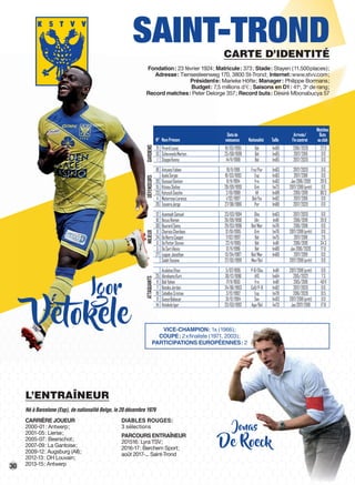 30303030
DÉFENSEURSGARDIENSDÉFENSEURSMILIEUXATTAQUANTS
N° NomPrénom
Datede
naissance Nationalité Taille
Arrivée/
Fincontrat
Matches
Buts
auclub
21 PirardLucas 10/03/1995 Bel 1m90 2016/2020 220
13 SchevenelsMarten 25/08/1999 Bel 1m85 2017/2019 00
1 SteppeKenny 14/11/1988 Bel 1m85 2017/2020 00
18 AntunesFabien 19/11/1991 Fra/Por 1m83 2017/2020 00
AyalaSergio 19/03/1993 Esp 1m83 2017/2018 00
20 DussautDamien 8/11/1994 Fra 1m83 Jan2016/2019 290
15 KitsiouStelios 28/09/1993 Grè 1m73 2017/2018(prêt) 00
23 KotyschSascha 2/10/1988 All 1m88 2010/2019 803
4 MatarreseLorenzo 1/02/1997 Bel/Ita 1m82 2017/2019 00
26 TeixeiraJorge 27/08/1986 Por 1m88 2017/2020 00
12 AsamoahSamuel 23/03/1994 Gha 1m63 2017/2020 00
10 BezusRoman 26/09/1990 Ukr 1m81 2016/2019 200
30 BourardSamy 29/03/1996 Bel/Mar 1m76 2016/2018 00
8 CharisisCharilaos 12/01/1995 Grè 1m76 2017/2018(prêt) 00
24 DeNorreCasper 7/02/1997 Bel 1m75 2017/2018 20
6 DePetterSteven 22/11/1985 Bel 1m81 2016/2019 343
5 DeSartAlexis 12/11/1996 Bel 1m80 Jan2016/2020 170
27 LegearJonathan 13/04/1987 Bel/Mar 1m80 2017/2019 00
SalahYassine 27/03/1998 Mar/Bel 2017/2018(prêt) 00
AcolatseElton 5/07/1995 P-B/Gha 1m81 2017/2018(prêt) 00
25 AbrahamsKurt 30/12/1996 AfS 1m64 2015/2022 73
11 BoliYohan 17/11/1993 Fra 1m81 2015/2019 4011
7 BotakaJordan 24/06/1993 CoD/P-B 1m82 2017/2020 00
19 CeballosCristian 3/12/1992 Esp 1m78 2016/2020 315
9 GueyeBabacar 31/12/1994 Sen 1m93 2017/2018(prêt) 00
14 VetokeleIgor 23/03/1992 Aga/Bel 1m73 Jan2017/2018 178
L’ENTRAÎNEUR
Né à Barcelone (Esp), de nationalité Belge, le 20 décembre 1979
CARRIÈRE JOUEUR
2000-01: Antwerp;
2001-05: Lierse;
2005-07: Beerschot;
2007-09: La Gantoise;
2009-12: Augsburg (All);
2012-13: OH Louvain;
2013-15: Antwerp
DIABLES ROUGES:
3 sélections
PARCOURS ENTRAÎNEUR
201516: Lyra TSV;
2016-17: Berchem Sport;
août 2017-... Saint-Trond
SAINT-TRONDCARTE D’IDENTITÉ
Fondation: 23 février 1924; Matricule: 373; Stade: Stayen (11.500places);
Adresse: Tiensesteenweg 170, 3800 St-Trond; Internet:www.stvv.com;
Présidente: Marieke Höfte; Manager: Philippe Bormans;
Budget: 7,5 millions d’€; Saisons en D1: 41e
, 3e
de rang;
Record matches: Peter Delorge 357; Record buts: Désiré Mbonabucya 57
GARDIENSDÉFENSEURSDÉFENSEURSMILIEUXATTAQUANTS
N° NomPrénom
21 PirardLucas
13 SchevenelsMarten
1 SteppeKennySteppeKenny
18 AntunesFabien
AyalaSergioAyalaSergio
20 DussautDamien
15 KitsiouStelios
23 KotyschSaschaKotyschSascha
4 MatarreseLorenzo
26 TeixeiraJorgeTeixeiraJorge
12 AsamoahSamuel
10 BezusRoman
30 BourardSamyBourardSamy
8 CharisisCharilaos
24 DeNorreCasperDeNorreCasper
6 DePetterSteven
5 DeSartAlexis
27 LegearJonathanLegearJonathan
SalahYassine
AcolatseElton
25 AbrahamsKurt
11 BoliYohan
7 BotakaJordan
19 CeballosCristian
9 GueyeBabacarGueyeBabacar
14 VetokeleIgorVetokeleIgor
Fondation: 23 février 1924; Matricule:
Adresse: Tiensesteenweg 170, 3800 St-Trond;
Présidente:
Budget: 7,5 millions d’
Record matches: Peter Delorge 357;
Igor
Vetokele VICE-CHAMPION: 1x (1966);
COUPE: 2xﬁnaliste (1971, 2003);
PARTICIPATIONS EUROPÉENNES: 2
DIABLES ROUGES:DIABLES ROUGES:DIABLES ROUGES:DIABLES ROUGES:DIABLES ROUGES:DIABLES ROUGES:DIABLES ROUGES:DIABLES ROUGES:DIABLES ROUGES:
PARCOURS ENTRAÎNEURPARCOURS ENTRAÎNEURPARCOURS ENTRAÎNEURPARCOURS ENTRAÎNEURPARCOURS ENTRAÎNEURPARCOURS ENTRAÎNEURPARCOURS ENTRAÎNEURPARCOURS ENTRAÎNEURPARCOURS ENTRAÎNEURPARCOURS ENTRAÎNEURPARCOURS ENTRAÎNEURPARCOURS ENTRAÎNEURPARCOURS ENTRAÎNEURPARCOURS ENTRAÎNEURPARCOURS ENTRAÎNEURPARCOURS ENTRAÎNEURPARCOURS ENTRAÎNEURPARCOURS ENTRAÎNEURPARCOURS ENTRAÎNEUR
201516: Lyra TSV;201516: Lyra TSV;201516: Lyra TSV;201516: Lyra TSV;201516: Lyra TSV;201516: Lyra TSV;201516: Lyra TSV;
2016-17: Berchem Sport;2016-17: Berchem Sport;2016-17: Berchem Sport;2016-17: Berchem Sport;2016-17: Berchem Sport;2016-17: Berchem Sport;2016-17: Berchem Sport;2016-17: Berchem Sport;2016-17: Berchem Sport;2016-17: Berchem Sport;2016-17: Berchem Sport;2016-17: Berchem Sport;2016-17: Berchem Sport;2016-17: Berchem Sport;2016-17: Berchem Sport;2016-17: Berchem Sport;2016-17: Berchem Sport;
août 2017-... Saint-Trondaoût 2017-... Saint-Trondaoût 2017-... Saint-Trondaoût 2017-... Saint-Trondaoût 2017-... Saint-Trondaoût 2017-... Saint-Trondaoût 2017-... Saint-Trondaoût 2017-... Saint-Trondaoût 2017-... Saint-Trondaoût 2017-... Saint-Trondaoût 2017-... Saint-Trondaoût 2017-... Saint-Trondaoût 2017-... Saint-Trondaoût 2017-... Saint-Trondaoût 2017-... Saint-Trond
VICE-CHAMPION:VICE-CHAMPION:VICE-CHAMPION:VICE-CHAMPION:VICE-CHAMPION:VICE-CHAMPION:VICE-CHAMPION:VICE-CHAMPION:VICE-CHAMPION:VICE-CHAMPION:VICE-CHAMPION:VICE-CHAMPION:VICE-CHAMPION:VICE-CHAMPION:VICE-CHAMPION:VICE-CHAMPION:VICE-CHAMPION:VICE-CHAMPION:VICE-CHAMPION:VICE-CHAMPION:VICE-CHAMPION:VICE-CHAMPION:VICE-CHAMPION:VICE-CHAMPION:VICE-CHAMPION:VICE-CHAMPION:VICE-CHAMPION:VICE-CHAMPION:VICE-CHAMPION:VICE-CHAMPION:VICE-CHAMPION:VICE-CHAMPION: 11111xxxxxxx (1966);(1966);(1966);(1966);(1966);(1966);(1966);(1966);(1966);(1966);(1966);(1966);(1966);(1966);(1966);(1966);(1966);(1966);x (1966);xx (1966);xx (1966);xx (1966);x
COUPE:COUPE:COUPE:COUPE:COUPE:COUPE:COUPE:COUPE:COUPE:COUPE:COUPE:COUPE:COUPE:COUPE:COUPE:COUPE:COUPE: 2222xﬁnalistexﬁnalistexﬁnalistexﬁnalistexﬁnalistexﬁnalistexﬁnalistexﬁnalistexﬁnalistexﬁnalistexﬁnalistexﬁnalistexﬁnalistexﬁnalistexﬁnalistexﬁnalistexﬁnaliste (1971, 2003);(1971, 2003);(1971, 2003);(1971, 2003);(1971, 2003);(1971, 2003);(1971, 2003);(1971, 2003);(1971, 2003);(1971, 2003);(1971, 2003);(1971, 2003);(1971, 2003);(1971, 2003);(1971, 2003);(1971, 2003);(1971, 2003);(1971, 2003);(1971, 2003);(1971, 2003);(1971, 2003);(1971, 2003);(1971, 2003);(1971, 2003);(1971, 2003);(1971, 2003);(1971, 2003);(1971, 2003);(1971, 2003);xﬁnaliste (1971, 2003);xﬁnalistexﬁnaliste (1971, 2003);xﬁnalistexﬁnaliste (1971, 2003);xﬁnalistexﬁnaliste (1971, 2003);xﬁnaliste
PARTICIPATIONS EUROPÉENNES:PARTICIPATIONS EUROPÉENNES:PARTICIPATIONS EUROPÉENNES:PARTICIPATIONS EUROPÉENNES:PARTICIPATIONS EUROPÉENNES:PARTICIPATIONS EUROPÉENNES:PARTICIPATIONS EUROPÉENNES:PARTICIPATIONS EUROPÉENNES:PARTICIPATIONS EUROPÉENNES:PARTICIPATIONS EUROPÉENNES:PARTICIPATIONS EUROPÉENNES:PARTICIPATIONS EUROPÉENNES:PARTICIPATIONS EUROPÉENNES:PARTICIPATIONS EUROPÉENNES:PARTICIPATIONS EUROPÉENNES:PARTICIPATIONS EUROPÉENNES:PARTICIPATIONS EUROPÉENNES:PARTICIPATIONS EUROPÉENNES:PARTICIPATIONS EUROPÉENNES:PARTICIPATIONS EUROPÉENNES:PARTICIPATIONS EUROPÉENNES:PARTICIPATIONS EUROPÉENNES:PARTICIPATIONS EUROPÉENNES:PARTICIPATIONS EUROPÉENNES:PARTICIPATIONS EUROPÉENNES:PARTICIPATIONS EUROPÉENNES:PARTICIPATIONS EUROPÉENNES:PARTICIPATIONS EUROPÉENNES:PARTICIPATIONS EUROPÉENNES:PARTICIPATIONS EUROPÉENNES:PARTICIPATIONS EUROPÉENNES:PARTICIPATIONS EUROPÉENNES:PARTICIPATIONS EUROPÉENNES:PARTICIPATIONS EUROPÉENNES:PARTICIPATIONS EUROPÉENNES:PARTICIPATIONS EUROPÉENNES:PARTICIPATIONS EUROPÉENNES:PARTICIPATIONS EUROPÉENNES:PARTICIPATIONS EUROPÉENNES:PARTICIPATIONS EUROPÉENNES:PARTICIPATIONS EUROPÉENNES:PARTICIPATIONS EUROPÉENNES:PARTICIPATIONS EUROPÉENNES:PARTICIPATIONS EUROPÉENNES:PARTICIPATIONS EUROPÉENNES:PARTICIPATIONS EUROPÉENNES:PARTICIPATIONS EUROPÉENNES:PARTICIPATIONS EUROPÉENNES:PARTICIPATIONS EUROPÉENNES:PARTICIPATIONS EUROPÉENNES:PARTICIPATIONS EUROPÉENNES:PARTICIPATIONS EUROPÉENNES:PARTICIPATIONS EUROPÉENNES:PARTICIPATIONS EUROPÉENNES:PARTICIPATIONS EUROPÉENNES:PARTICIPATIONS EUROPÉENNES:PARTICIPATIONS EUROPÉENNES:PARTICIPATIONS EUROPÉENNES: 2222222
Jonas
De Roeck
 