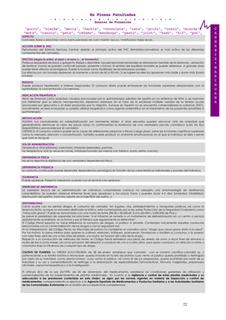 EEEnnn PPPllleeennnaaasss FFFaaacccuuullltttaaadddeeesss
DDDooossssssiiieeerrr dddeee FFFooorrrmmmaaaccciiióóónnn
22
"porro", "hierba", "maría", “hachís”, “chocolate”, ”tate”, “grifa”, “costo”, “mierda”,
“mota”, “canuto”, “peta”, “cáñamo”, “mandanga”, “pasto”, “joint”, “hash”, “kif”, “pot”,
ASPECTO
Cannabis: Bolas o planchas; como barro prensado de color marrón oscuro / Marihuana: Hojas secas.
ACCIÓN SOBRE EL SNC
Perturbador del Sistema Nervioso Central, debido al principio activo del THC (tetrahidrocannabinol, el más activo de los diferentes
componentes del cannabis).
EFECTOS (según la edad, el peso y el sexo y... el momento)
Produce sequedad de boca y garganta. Relaja y desinhibe. Las percepciones sensoriales se distorsionan (sentido de la distancia, sensación
de lentitud, incluso se pueden confundir pasado, presente y futuro). El sentido del equilibrio también se puede deteriorar. A grandes dosis
puede tener efectos alucinógenos. Puede funcionar como facilitador de las relaciones sociales.
Los efectos por vía fumada aparecen al momento y duran de 60 a 90 min. Si se ingiere los efectos aparecen más tarde y duran más (hasta
6 horas).
RIESGOS
Puede producir hipotensión e intensa taquicardia. El consumo diario puede entorpecer las funciones superiores relacionadas con el
aprendizaje, la concentración y la memoria.
INDICACIÓN TERAPÉUTICA
Alivio de síntomas como ansiedad, náuseas provocadas por la quimioterapia, pérdida de apetito en los enfermos de SIDA o de memoria
por Alzheimer (por su efecto neuroprotector), espasmos dolorosos en el caso de la esclerosis múltiple, subidas de la tensión ocular
provocada por glaucoma o el dolor producido por la migraña. Aunque en España no se encuentra comercializada la sustancia (THC),
actualmente, se está evaluando su posible utilidad terapéutica como agente antiemético en el tratamiento de los pacientes sometidos a
quimioterapia.
INTOXICACIÓN
AGUDA: Los cannabioides en sobredosificación son raramente letales. A dosis elevadas pueden provocar crisis de ansiedad que
generalmente disminuye al cabo de pocas horas. Es controvertida la existencia de una verdadera psicosis cannábica (crisis de tipo
esquizofrénico provocada por el cannabis).
CRÓNICA: El consumo crónico puede ser la causa de alteraciones psíquicas o físicas a largo plazo, sobre las funciones cognitivas superiores
como la memoria, atención y concentración. También puede producir un síndrome amotivacional, en el que el individuo se aísla y siente
que todo le da igual.
VÍA DE ADMINISTRACIÓN
Terapéutica: Oral (píldoras), inyectada, inhalada (aerosoles), parches.
No terapéutica: oral (a veces se come), inhalada-fumada (se mezcla con tabaco -porro, petas, canuto).
DEPENDENCIA FÍSICA
No se ha descrito la existencia de una verdadera dependencia física.
DEPENDENCIA PSÍQUICA
Su consumo continuado puede desarrollar dependencia psicológica en función de las características individuales y sociales del individuo.
TOLERANCIA
Puede aparecer. Presenta tolerancia cruzada con el alcohol y los opiáceos.
SÍNDROME DE ABSTINENCIA
La supresión brusca de su administración en individuos consumidores crónicos no precipita una sintomatología de abstinencia
característica. Se pueden observar síntomas leves que aparecen a las pocas horas y pueden durar 4-5 días (ansiedad, irritabilidad,
disminución del apetito, insomnio, rebote de la fase REM del sueño...).
DISPONIBILIDAD
Como ocurre con las demás drogas, el consumo de cannabis “en lugares, vías, establecimientos o transportes públicos, así como la
tenencia ilícita, aunque no estuviera destinada al tráfico, está contemplada por la ley sobre Protección de la Seguridad Ciudadana como
“infracción grave”. Puede ser sancionado con una multa de entre 300,50 y 30.050,60 Euros (50.000 y 5.000.000 de Ptas.).
Se prevé la posibilidad de suspender las sanciones “si el infractor se somete a un tratamiento de deshabituación en un centro o servicio
debidamente acreditado, en la forma y por el tiempo que regularmente se determine”.
El Código Penal español no hace referencia al consumo de drogas, ni público ni privado. Contempla únicamente aquellas conductas
relacionadas con la comercialización de las drogas y con la seguridad vial.
En la interpretación del Código Penal, los tribunales de justicia no consideran el cannabis como “droga que causa grave daño a la salud”.
Por tal motivo, la pena mínima para quienes lo cultiven, elaboren, trafiquen, promuevan, favorezcan o faciliten su consumo, o lo posean
con tales fines, será de uno a tres años de prisión, y la multa en función del valor de la droga.
Respecto a la conducción de vehículos de motor, el Código Penal establece una pena de arresto de ocho a doce fines de semana o
multa de tres a ocho meses, así como privación del derecho a conducir de uno a cuatro años, para quien conduzca un vehículo a motor o
ciclomotor bajo la influencia de cualquier tipo de droga.
CULTIVO DE PLANTAS: La ORDEN SCO/190/2004, de 28 de enero, establece que cannabis -con el nombre científico cannabis sp. y
perteneciente a la familia botánica Moraceae- queda incluida en la lista de plantas cuya venta al público queda prohibida o restringida
por razón de su toxicidad –como planta entera-, cuya venta al público, así como la de sus preparados, queda prohibida por razón de su
toxicidad y su uso y comercialización se restringe a la elaboración de especialidades farmacéuticas, fórmulas magistrales, preparados
oficinales, cepas homeopáticas y a la investigación.
El artículo 42.2 de la Ley 25/1990, de 20 de diciembre, del Medicamento, establece las condiciones generales de utilización y
comercialización de los medicamentos de plantas medicinales. En cuanto a la vigilancia y control de estas plantas medicinales y su
adecuación a las previsiones contenidas en esta Orden, se rigen por las normas vigentes en materia de inspección y control de
medicamentos, correspondiendo su ejercicio a la Agencia Española de Medicamentos y Productos Sanitarios y a las Autoridades Sanitarias
de las Comunidades Autónomas en el ámbito de sus respectivas competencias.
C
A
N
N
A
B
I
S
*
M
A
R
I
H
U
A
N
A
 