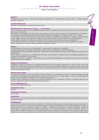 EEEnnn PPPllleeennnaaasss FFFaaacccuuullltttaaadddeeesss
DDDooossssssiiieeerrr dddeee FFFooorrrmmmaaaccciiióóónnn
28
ASPECTO
Clorhidrato de Ketamina y conservantes. Líquido inyectable. En la calle líquido incoloro, polvo o cristales blancos,
pastillas o cápsulas.
ACCIÓN SOBRE EL SNC
Depresor y alucinógeno del sistema nervioso central.
EFECTOS (según la edad, el peso y el sexo, ... y el momento)
A los 10-20 minutos del consumo, dependiendo de las dosis, comienzan a presentarse sus efectos, con tiempos distintos
para cada uno de ellos.
El primero es el de sensación de disociación, apareciendo un estado de inconsciencia y posteriormente una amnesia
muy intensa acompañada de ausencia/impercepción del dolor (analgesia). Los efectos duran de 1 a 2 horas.
A dosis bajas: como una borrachera por alcohol y/o sedantes. Pérdida de coordinación y equilibrio, dificultad para
andar, hablar y pensar, visión borrosa o doble, distorsión de los sonidos, entumecimiento de las extremidades.
A dosis medias: Aparecen los efectos psicodélicos, pero uno está consciente de quién es y dónde está.
A dosis altas: Se entra en el “agujero K”: el cuerpo queda prácticamente anulado, viaje psicodélico muy fuerte.
Efectos secundarios: náuseas y vómitos, dolores de cabeza y mareos.
RIESGOS
Contraindicada con personas con hipertensión, o personas con medicamentos tiroideos.
Posibilidad de presentar depresión respiratoria o paro cardíaco por alergia o consumir dosis altas.
Probables trastornos de ansiedad, paranoias o flashbacks, mal viaje (crisis de pánico ante la experiencia disociativa o
alucinatoria).
Daño cerebral a largo plazo y problemas de memoria, concentración o deterioro de las habilidades lingüísticas con
consumos continuados o en dosis altas.
Posibilidad de tener accidentes y daños físicos por la pérdida del equilibrio con dificultad a reaccionar ante ellos
debido al estado de anestesia.
INDICACIÓN TERAPÉUTICA
Anestésico utilizado en medicina y veterinaria desde los años 70. Anestésico disociativo ya que produce un peculiar
estado de inconsciencia en el que la persona no está dormida sino desconectada de su cuerpo y de su entorno (el
cerebro es incapaz de interpretar la información sensorial procedente de los sentidos, quedándose aislado, separado
o desconectado del cuerpo).
INTOXICACIÓN AGUDA
Una sobredosis puede suponer la pérdida total de conciencia o un estado de coma con todos los riesgos que ello
comporta. La sobredosis se puede producir a partir de los 60-70 mg (y a veces antes), y nunca se puede saber la
pureza ya que puede estar adulterada con multitud de sustancias.
Al tener efecto anestésico, la persona que consume ketamina no es consciente del dolor y cualquier herida que se
haga no despertará señales de alerta del daño producido.
VÍA DE ADMINISTRACIÓN
Vía oral, inyectable o esnifada.
DEPENDENCIA FÍSICA
Incierta.
DEPENDENCIA PSÍQUICA
Sí, muy alta.
TOLERANCIA
Con el consumo continuado se da una rápida tolerancia (llegando a desaparecer los efectos psicodélicos aunque se
aumente la dosis).
DISPONIBILIDAD
Se vende con receta como anestésico veterinario. También se fabrica para anestesia humana pero en este caso no
está en las farmacias sino sólo en los hospitales. Algunos nombres comerciales son: Ketolar ® Imalgene ®. También se
puede encontrar en el mercado negro. El consumo o tenencia de ketamina en espacios públicos puede ser
sancionado y cualquier acción que pueda relacionarse con la intencionalidad de vender o facilitar el consumo a
otros podría suponer la apertura de un proceso penal. Se está estudiando la inclusión de esta sustancia dentro de la
lista III de las sustancias sometidas a fiscalización internacional (Junta Internacional de Fiscalización de Estupefacientes)
ASPECTO
Clorhidrato de Ketamina y conservantes. Líquido inyectable. En la calle líquido incoloro, polvo o cristales blancos,
pastillas o cápsulas.
ACCIÓN SOBRE EL SNC
Depresor y alucinógeno del sistema nervioso central.
EFECTOS (según la edad, el peso y el sexo, ... y el momento)
A los 10-20 minutos del consumo, dependiendo de las dosis, comienzan a presentarse sus efectos, con tiempos distintos
para cada uno de ellos.
El primero es el de sensación de disociación, apareciendo un estado de inconsciencia y posteriormente una amnesia
muy intensa acompañada de ausencia/impercepción del dolor (analgesia). Los efectos duran de 1 a 2 horas.
A dosis bajas: como una borrachera por alcohol y/o sedantes. Pérdida de coordinación y equilibrio, dificultad para
andar, hablar y pensar, visión borrosa o doble, distorsión de los sonidos, entumecimiento de las extremidades.
A dosis medias: Aparecen los efectos psicodélicos, pero uno está consciente de quién es y dónde está.
A dosis altas: Se entra en el “agujero K”: el cuerpo queda prácticamente anulado, viaje psicodélico muy fuerte.
Efectos secundarios: náuseas y vómitos, dolores de cabeza y mareos.
RIESGOS
Contraindicada con personas con hipertensión, o personas con medicamentos tiroideos.
Posibilidad de presentar depresión respiratoria o paro cardíaco por alergia o consumir dosis altas.
Probables trastornos de ansiedad, paranoias o flashbacks, mal viaje (crisis de pánico ante la experiencia disociativa o
alucinatoria).
Daño cerebral a largo plazo y problemas de memoria, concentración o deterioro de las habilidades lingüísticas con
consumos continuados o en dosis altas.
Posibilidad de tener accidentes y daños físicos por la pérdida del equilibrio con dificultad a reaccionar ante ellos
debido al estado de anestesia.
INDICACIÓN TERAPÉUTICA
Anestésico utilizado en medicina y veterinaria desde los años 70. Anestésico disociativo ya que produce un peculiar
estado de inconsciencia en el que la persona no está dormida sino desconectada de su cuerpo y de su entorno (el
cerebro es incapaz de interpretar la información sensorial procedente de los sentidos, quedándose aislado, separado
o desconectado del cuerpo).
INTOXICACIÓN AGUDA
Una sobredosis puede suponer la pérdida total de conciencia o un estado de coma con todos los riesgos que ello
comporta. La sobredosis se puede producir a partir de los 60-70 mg (y a veces antes), y nunca se puede saber la
pureza ya que puede estar adulterada con multitud de sustancias.
Al tener efecto anestésico, la persona que consume ketamina no es consciente del dolor y cualquier herida que se
haga no despertará señales de alerta del daño producido.
VÍA DE ADMINISTRACIÓN
Vía oral, inyectable o esnifada.
DEPENDENCIA FÍSICA
Incierta.
DEPENDENCIA PSÍQUICA
Sí, muy alta.
TOLERANCIA
Con el consumo continuado se da una rápida tolerancia (llegando a desaparecer los efectos psicodélicos aunque se
aumente la dosis).
DISPONIBILIDAD
Se vende con receta como anestésico veterinario. También se fabrica para anestesia humana pero en este caso no
está en las farmacias sino sólo en los hospitales. Algunos nombres comerciales son: Ketolar ® Imalgene ®. También se
puede encontrar en el mercado negro. El consumo o tenencia de ketamina en espacios públicos puede ser
sancionado y cualquier acción que pueda relacionarse con la intencionalidad de vender o facilitar el consumo a
otros podría suponer la apertura de un proceso penal. Se está estudiando la inclusión de esta sustancia dentro de la
lista III de las sustancias sometidas a fiscalización internacional (Junta Internacional de Fiscalización de Estupefacientes)
K
E
T
A
M
I
N
A
 