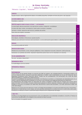 EEEnnn PPPllleeennnaaasss FFFaaacccuuullltttaaadddeeesss
DDDooossssssiiieeerrr dddeee FFFooorrrmmmaaaccciiióóónnn
29
“Éxtasis líquido”, “Biberón”
ASPECTO
Líquido inodoro, denso, ligeramente salado, en botellas pequeñas, también en forma de polvo y de cápsulas.
ACCIÓN SOBRE EL SNC
Anestésico y sedante.
EFECTOS (según la edad, el peso y el sexo, ... y el momento)
En dosis bajas: efectos parecidos a los del alcohol: eufórico, relajación, sociabilidad.
En dosis más altas: mareo, somnolencia, hasta sueño comatoso, anestesia.
Adversos: vómitos, espasmos del músculo y pérdida de sentido.
Otros: Erección rápida y duradera.
INDICACIÓN TERAPÉUTICA
Narcolepsia, anestésico intravenoso, ayuda al parto.
Utilizado para estimular la hormona del crecimiento, y como estimulante (para atletas y culturistas de forma ilegal).
RIESGOS
Con alcohol puede ser mortal.
INTOXICACIÓN AGUDA
Pérdida de conocimiento, coma, ataques epilépticos, clonus (espasmo muscular), sedación, sueño profundo.
Sobredosis con pérdida de sentido, depresión respiratoria (sobre todo si se ha mezclado con alcohol).
VÍA DE ADMINISTRACIÓN
Vía oral, “se bebe a taponcitos”.
DEPENDENCIA FÍSICA
Sí. Puede llegar a ser muy severa.
DEPENDENCIA PSÍQUICA
Sí.
DISPONIBILIDAD
Como ocurre con las demás drogas, el consumo de GHB "en lugares, vías, establecimientos o transportes públicos, así
como la tenencia ilícita, aunque no estuviera destinado al tráfico", está contemplado en la Ley de Protección de la
Seguridad Ciudadana como "infracción grave". Puede, por tal consideración, ser sancionado con multa de entre
300,51€ (50.000 pts.) y 30.050,61€ (5 millones de pts.)
Se prevé la posibilidad de suspender las sanciones "si el infractor se somete a un tratamiento de deshabituación en un
centro o servicio debidamente acreditado, en la forma y por el tiempo que reglamentariamente se determine".
En interpretación del Código Penal, los Tribunales de Justicia consideran al GHB entre las "drogas que causan grave
daño a la salud". Por tal motivo, la pena mínima para quienes la cultiven, elaboren, trafiquen, promuevan, favorezcan o
faciliten su consumo, o lo posean con tales fines, será de tres a nueve años de prisión, y la multa "del tanto al triplo" del
valor de la droga.
Respecto a la conducción de vehículos a motor, el Código Penal establece una pena de arresto de ocho a doce fines
de semana o multa de tres a ocho meses, así como privación del derecho a conducir de uno a cuatro años, para quien
conduzca un vehículo a motor o ciclomotor bajo la influencia de cualquier tipo de droga.
y algo más...
El GHB es una droga ilegal que se promocionó como una alternativa a los esteroides anabólicos y durante un tiempo se
consumió en los gimnasios con el objetivo de aumentar la masa muscular.
Se ha vinculado a la agresión sexual.
G
H
B
G
A
M
M
A
I
D
R
O
X
I
B
U
T
I
R
A
T
O
 