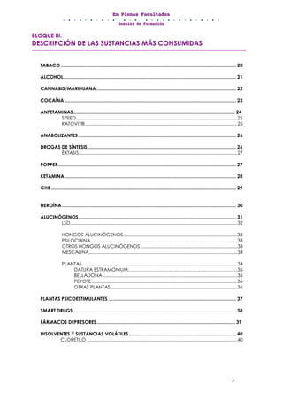 EEEnnn PPPllleeennnaaasss FFFaaacccuuullltttaaadddeeesss
DDDooossssssiiieeerrr dddeee FFFooorrrmmmaaaccciiióóónnn
3
BLOQUE III.
DESCRIPCIÓN DE LAS SUSTANCIAS MÁS CONSUMIDAS
TABACO................................................................................................................................ 20
ALCOHOL.............................................................................................................................. 21
CANNABIS/MARIHUANA...................................................................................................... 22
COCAÍNA ............................................................................................................................. 23
ANFETAMINAS....................................................................................................................... 24
SPEED................................................................................................................................25
KATOVIT®.........................................................................................................................25
ANABOLIZANTES ................................................................................................................... 26
DROGAS DE SÍNTESIS ............................................................................................................ 26
ÉXTASIS..............................................................................................................................27
POPPER.................................................................................................................................. 27
KETAMINA............................................................................................................................. 28
GHB....................................................................................................................................... 29
HEROÍNA............................................................................................................................... 30
ALUCINÓGENOS................................................................................................................... 31
LSD.....................................................................................................................................32
HONGOS ALUCINÓGENOS...........................................................................................33
PSILOCIBINA………………………………………………………………………………...33
OTROS HONGOS ALUCINÓGENOS.............................................................................33
MESCALINA......................................................................................................................34
PLANTAS ..........................................................................................................................34
DATURA ESTRAMONIUM……………………………………………………………35
BELLADONA...........................................................................................................35
PEYOTE....................................................................................................................36
OTRAS PLANTAS.....................................................................................................36
PLANTAS PSICOESTIMULANTES ............................................................................................. 37
SMART DRUGS....................................................................................................................... 38
FÁRMACOS DEPRESORES...................................................................................................... 39
DISOLVENTES Y SUSTANCIAS VOLÁTILES .............................................................................. 40
CLORETILO........................................................................................................................40
 