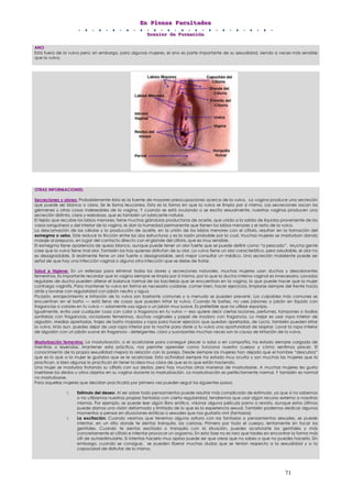 EEEnnn PPPllleeennnaaasss FFFaaacccuuullltttaaadddeeesss
DDDooossssssiiieeerrr dddeee FFFooorrrmmmaaaccciiióóónnn
71
ANO
Está fuera de la vulva pero; sin embargo, para algunas mujeres, el ano es parte importante de su sexualidad, siendo a veces más sensible
que la vulva.
OTRAS INFORMACIONES:
Secreciones y olores: Probablemente ésta es la fuente de mayores preocupaciones acerca de la vulva. La vagina produce una secreción
que puede ser blanca o clara. Se le llama leucorrea. Esta es la forma en que la vulva se limpia por sí misma. Las secreciones sacan los
gérmenes y otras cosas indeseables de la vagina. Y cuando se está ovulando o se excita sexualmente, nuestras vaginas producen una
secreción distinta, clara y resbalosa, que es también un lubricante natural.
El tejido que recubre los labios menores, tiene muchas glándulas productoras de aceite, que unido a la salida de líquidos proveniente de los
vasos sanguíneos y del interior de la vagina, le dan la humedad permanente que tienen los labios menores y el resto de la vulva.
La descamación de las células y la producción de aceite, en la unión de los labios menores con el clítoris, resultan en la formación del
esmegma o sebo. Este reduce la fricción entre las dos estructuras y es la razón probable por la cual, muchas mujeres se masturban dando
masaje al prepucio, en lugar del contacto directo con el glande del clítoris, que es muy sensible.
El esmegma tiene apariencia de queso blanco, aunque puede tener un olor fuerte que se puede definir como “a pescado”. Mucha gente
cree que la vulva tiene mal olor. También los hay quienes disfrutan de su olor. La vulva tiene un olor característico, pero saludable, el olor no
es desagradable. Si realmente tiene un olor fuerte o desagradable, será mejor consultar un médico. Una secreción maloliente puede ser
señal de que hay una infección vaginal o alguna otra infección que se debe de tratar.
Salud e higiene: En un esferazo para eliminar todos los olores y secreciones naturales, muchas mujeres usan duchas y desodorantes
femeninos. Es importante recordar que la vagina siempre se limpia por sí misma, por lo que la ducha interna vaginal es innecesaria. Lavados
regulares de ducha pueden alterar el balance normal de las bacterias que se encuentran en la vagina, lo que puede hacer que la mujer
contraiga vaginitis. Para mantener la vulva en forma es necesario cuidarse, comer bien, hacer ejercicios, limpiarse siempre del frente hacia
atrás y lavarse con regularidad con jabón neutro y agua.
Picazón, enrojecimiento e irritación de la vulva son bastante comunes y a menudo se pueden prevenir. Los culpables más comunes se
encuentran en el baño — está lleno de cosas que pueden irritar la vulva. Cuando te bañes, no uses jabones o jabón en líquido con
fragancias o colores en tu vulva — solamente usa agua o un jabón muy suave. Es preferible que no utilizar esponjas.
Igualmente, evita usar cualquier cosa con color o fragancia en tu vulva — eso quiere decir ciertas lociones, perfumes, tampones o toallas
sanitarias con fragancias, rociadores femeninos, duchas vaginales y papel de inodoro con fragancia. Lo mejor es usar ropa interior de
algodón. Medias apretadas, trajes de baño mojados y ropa para hacer ejercicio que quedan apretadas, de Lycra, también pueden irritar
la vulva. Más aun, puedes dejar de usar ropa interior por la noche para darle a tu vulva una oportunidad de respirar. Lavar la ropa interior
de algodón con un jabón suave sin fragancia - detergentes, cloro y suavizantes muchas veces son la causa de irritación de la vulva.
Masturbación femenina: La masturbación, o el acariciarse para conseguir placer a solas o en compañía, ha estado siempre cargada de
mentiras o leyendas. Mantener esta práctica, nos permite aprender como funciona nuestro cuerpo y cómo sentimos placer. El
conocimiento de la propia sexualidad mejora la relación con la pareja. Desde siempre las mujeres han dejado que el hombre “descubra”
que es lo que a la mujer le gustaba que se le acariciase. Esta actividad siempre ha estado muy oculta y son muchas las mujeres que la
practican, si bien algunas lo practican sin tener la idea muy clara de que es lo que están haciendo.
Una mujer se masturba frotando su clítoris con sus dedos, pero hay muchas otras maneras de masturbarse. A muchas mujeres les gusta
insertarse los dedos u otros objetos en su vagina durante la masturbación. La masturbación es perfectamente normal. Y también es normal
no masturbarse.
Para aquellas mujeres que decidan practicarla por primera vez pueden seguir los siguientes pasos:
Estímulo del deseo: Al ser sobre todo pensamientos puede resultar más complicado de estimular, ya que si no sabemos
o no utilizamos nuestras propias fantasías con cierta regularidad, tendremos que usar algún recurso externo a nosotras
mismas. Por ejemplo, se puede leer algún libro erótico, visionar alguna película porno o revista, aunque estos últimos
puede darnos una visión deformada y limitada de lo que es la experiencia sexual. También podemos dedicar algunos
momentos a pensar en situaciones eróticas o sexuales que nos gustaría vivir (fantasías)
La excitación: Cuando veamos que tenemos alguna soltura con las fantasías o pensamientos sexuales, se puede
intentar, en un sitio donde te sientas tranquila, las caricias. Primero por todo el cuerpo, lentamente sin tocar los
genitales. Cuando te sientas excitada o tranquila con la situación, puedes acariciarte los genitales y más
concretamente el clítoris e intentar provocar un orgasmo. En esta fase no es raro que tardes en encontrar la forma más
útil de autoestimularte. Si intentas hacerlo muy aprisa puede ser que creas que no sabes o que no puedes hacerlo. Sin
embargo, cuando se consigue, se pueden liberar muchas dudas que se tenían respecto a la sexualidad y a la
capacidad de disfrutar de la misma.
 