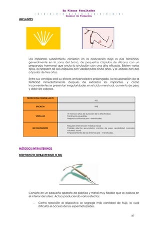 EEEnnn PPPllleeennnaaasss FFFaaacccuuullltttaaadddeeesss
DDDooossssssiiieeerrr dddeee FFFooorrrmmmaaaccciiióóónnn
87
IMPLANTES
Los implantes subdérmicos consisten en la colocación bajo la piel femenina,
generalmente en la zona del brazo, de pequeñas cápsulas de silicona con un
preparado hormonal que anula la ovulación con una alta eficacia. Existen varios
tipos, el Norplant de seis cápsulas con validez para cinco años, y el Jadelle con dos
cápsulas de tres años.
Entre sus ventajas está su efecto anticonceptivo prolongado, la recuperación de la
fertilidad inmediatamente después de extraídos los implantes, y como
inconvenientes se presentan irregularidades en el ciclo menstrual, aumento de peso
y dolor de cabeza.
PROTECCIÓN CONTRA LAS ITS
NO
EFICACIA 99%
VENTAJAS
- Al menos 5 años de duración de la efectividad.
- Fácilmente reversible.
- Mejora los síntomas pre – menstruales.
INCONVENIENTES
- Requiere intervención médica inicial
- Posibles efectos secundarios: cambio de peso, sensibilidad mamaria,
náuseas, acné.
- Empeoramiento de los síntomas pre – menstruales.
MÉTODOS INTRAUTERINOS
DISPOSITIVO INTRAUTERINO O DIU
Consiste en un pequeño aparato de plástico y metal muy flexible que se coloca en
el interior del útero. Actúa produciendo varios efectos:
- Como reacción al dispositivo se segrega más cantidad de flujo, lo cual
dificulta el acceso de los espermatozoides.
 