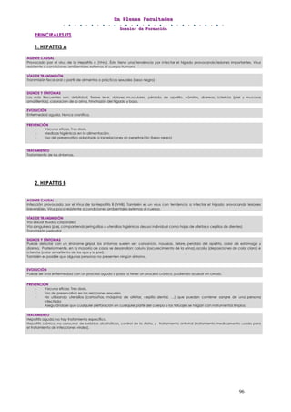 EEEnnn PPPllleeennnaaasss FFFaaacccuuullltttaaadddeeesss
DDDooossssssiiieeerrr dddeee FFFooorrrmmmaaaccciiióóónnn
96
PRINCIPALES ITS
1. HEPATITIS A
2. HEPATITIS B
AGENTE CAUSAL
Provocada por el virus de la Hepatitis A (VHA). Éste tiene una tendencia por infectar el hígado provocando lesiones importantes. Virus
resistente a condiciones ambientales externas al cuerpo humano
VÍAS DE TRANSMISIÓN
Transmisión fecal-oral a partir de alimentos o prácticas sexuales (beso negro)
SIGNOS Y SÍNTOMAS
Los más frecuentes son: debilidad, fiebre leve, dolores musculares, pérdida de apetito, vómitos, diarreas, ictericia (piel y mucosas
amarillentas), coloración de la orina, hinchazón del hígado y bazo.
EVOLUCIÓN
Enfermedad aguda. Nunca cronifica.
PREVENCIÓN
- Vacuna eficaz. Tres dosis.
- Medidas higiénicas en la alimentación.
- Uso del preservativo adaptado a las relaciones sin penetración (beso negro)
TRATAMIENTO
Tratamiento de los síntomas.
AGENTE CAUSAL
Infección provocada por el Virus de la Hepatitis B (VHB). También es un virus con tendencia a infectar el hígado provocando lesiones
irreversibles. Virus poco resistente a condiciones ambientales externas al cuerpo.
VÍAS DE TRANSMISIÓN
Vía sexual (fluidos corporales)
Vía sanguínea (p.ej. compartiendo jeringuillas o utensilios higiénicos de uso individual como hojas de afeitar o cepillos de dientes)
Transmisión perinatal
SIGNOS Y SÍNTOMAS
Puede debutar con un síndrome gripal, los síntomas suelen ser: cansancio, nauseas, fiebre, perdida del apetito, dolor de estómago y
diarrea. Posteriormente, en la mayoría de casos se desarrollan: coluria (oscurecimiento de la orina), acolia (deposiciones de color claro) e
ictericia (color amarillento de los ojos y la piel).
También es posible que algunas personas no presenten ningún síntoma.
EVOLUCIÓN
Puede ser una enfermedad con un proceso agudo o pasar a tener un proceso crónico, pudiendo acabar en cirrosis.
PREVENCIÓN
- Vacuna eficaz. Tres dosis.
- Uso de preservativo en las relaciones sexuales.
- No utilizando utensilios (cortaúñas, máquina de afeitar, cepillo dental, …) que puedan contener sangre de una persona
infectada
- Asegurándose que cualquier perforación en cualquier parte del cuerpo o los tatuajes se hagan con instrumentos limpios.
TRATAMIENTO
Hepatitis aguda: no hay tratamiento específico.
Hepatitis crónica: no consumo de bebidas alcohólicas, control de la dieta, y tratamiento antiviral (tratamiento medicamento usado para
el tratamiento de infecciones virales).
 