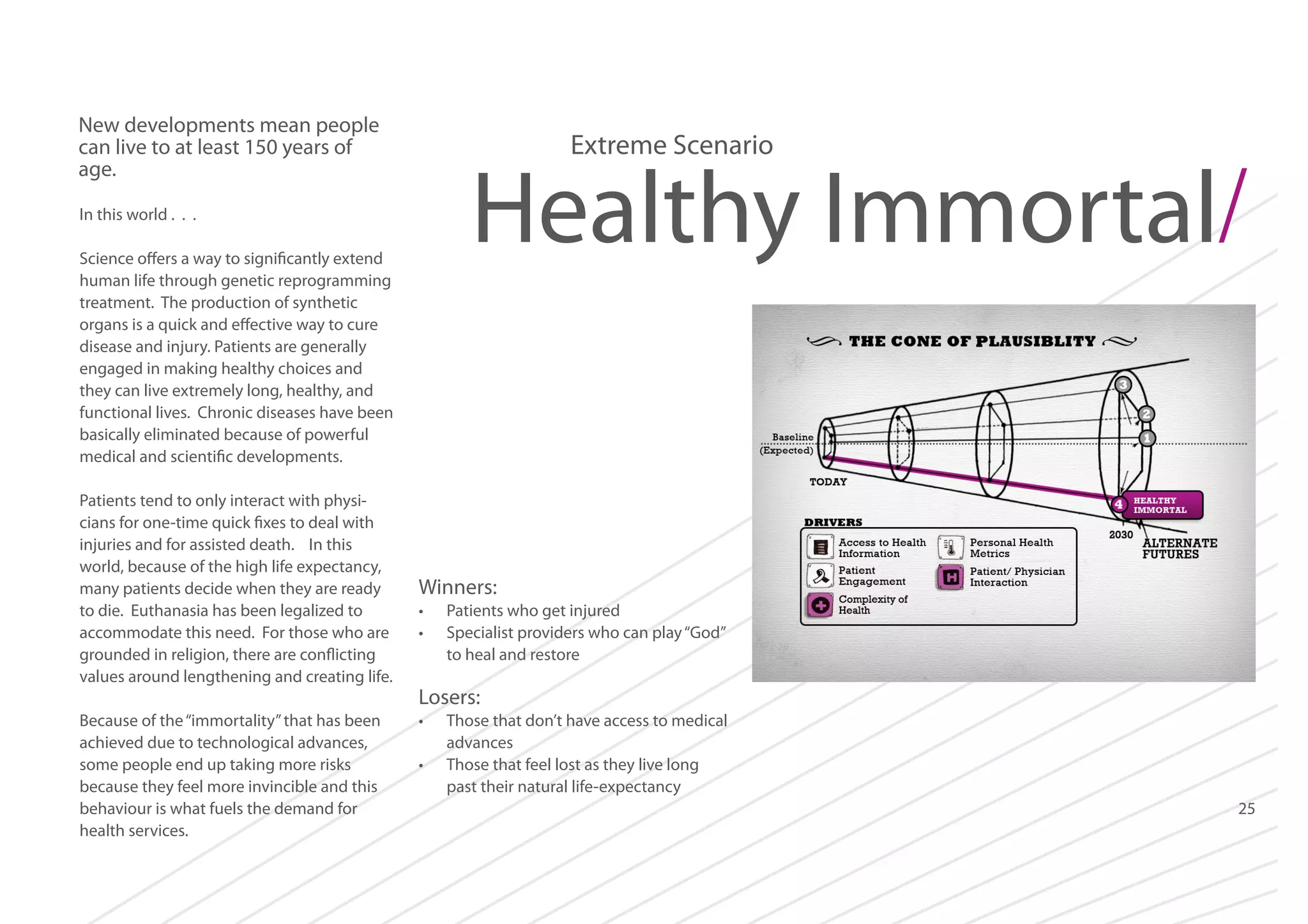 New developments mean people
can live to at least 150 years of
age.

Extreme Scenario

Healthy Immortal/

In this world . . .
Science offers a way to significantly extend
human life through genetic reprogramming
treatment. The production of synthetic
organs is a quick and effective way to cure
disease and injury. Patients are generally
engaged in making healthy choices and
they can live extremely long, healthy, and
functional lives. Chronic diseases have been
basically eliminated because of powerful
medical and scientific developments.
Patients tend to only interact with physicians for one-time quick fixes to deal with
injuries and for assisted death. In this
world, because of the high life expectancy,
many patients decide when they are ready
to die. Euthanasia has been legalized to
accommodate this need. For those who are
grounded in religion, there are conflicting
values around lengthening and creating life.
Because of the “immortality” that has been
achieved due to technological advances,
some people end up taking more risks
because they feel more invincible and this
behaviour is what fuels the demand for
health services.

Winners:
•	
•	

Patients who get injured
Specialist providers who can play “God”
to heal and restore

Losers:
•	
•	

Those that don’t have access to medical
advances
Those that feel lost as they live long
past their natural life-expectancy
25

 