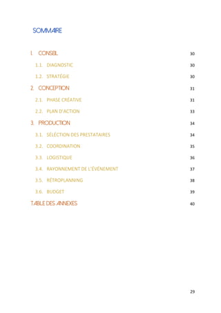 29
SOMMAIRE
1. CONSEIL 30
1.1. DIAGNOSTIC 30
1.2. STRATÉGIE 30
2. CONCEPTION 31
2.1. PHASE CRÉATIVE 31
2.2. PLAN D’ACTION 33
3. PRODUCTION 34
3.1. SÉLÉCTION DES PRESTATAIRES 34
3.2. COORDINATION 35
3.3. LOGISTIQUE 36
3.4. RAYONNEMENT DE L’ÉVÉNEMENT 37
3.5. RÉTROPLANNING 38
3.6. BUDGET 39
TABLE DES ANNEXES 40
 