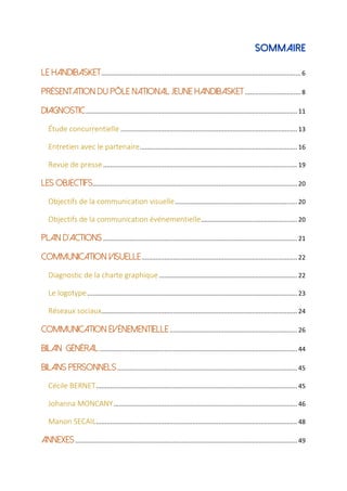 Sommaire
Le handibasket.................................................................................................................. 6
Présentation du pôle national jeune handibasket................................ 8
Diagnostic......................................................................................................................... 11
Étude concurrentielle .....................................................................................................13
Entretien avec le partenaire.......................................................................................... 16
Revue de presse...............................................................................................................19
Les objectifs..................................................................................................................... 20
Objectifs de la communication visuelle......................................................................20
Objectifs de la communication événementielle....................................................... 20
Plan d’actions ...............................................................................................................21
Communication visuelle......................................................................................... 22
Diagnostic de la charte graphique...............................................................................22
Le logotype........................................................................................................................ 23
Réseaux sociaux................................................................................................................ 24
Communication événementielle.........................................................................26
Bilan général................................................................................................................. 44
Bilans personnels.......................................................................................................45
Cécile BERNET................................................................................................................... 45
Johanna MONCANY.........................................................................................................46
Manon SECAIL................................................................................................................... 48
Annexes............................................................................................................................... 49
 