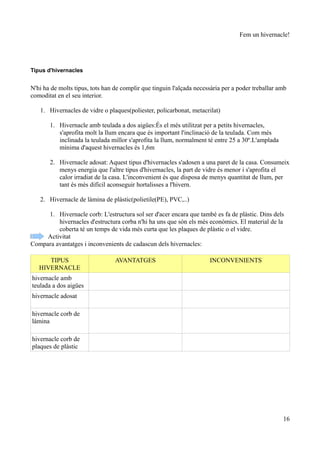 Fem un hivernacle!




Tipus d'hivernacles


N'hi ha de molts tipus, tots han de complir que tinguin l'alçada necessària per a poder treballar amb
comoditat en el seu interior.

   1. Hivernacles de vidre o plaques(poliester, policarbonat, metacrilat)

       1. Hivernacle amb teulada a dos aigües:És el més utilitzat per a petits hivernacles,
          s'aprofita molt la llum encara que és important l'inclinació de la teulada. Com més
          inclinada la teulada millor s'aprofita la llum, normalment té entre 25 a 30º.L'amplada
          mínima d'aquest hivernacles és 1,6m

       2. Hivernacle adosat: Aquest tipus d'hivernacles s'adosen a una paret de la casa. Consumeix
          menys energia que l'altre tipus d'hivernacles, la part de vidre és menor i s'aprofita el
          calor irradiat de la casa. L'inconvenient és que disposa de menys quantitat de llum, per
          tant és més difícil aconseguir hortalisses a l'hivern.

   2. Hivernacle de làmina de plàstic(polietile(PE), PVC,..)

     1. Hivernacle corb: L'estructura sol ser d'acer encara que també es fa de plàstic. Dins dels
         hivernacles d'estructura corba n'hi ha uns que són els més econòmics. El material de la
         coberta té un temps de vida més curta que les plaques de plàstic o el vidre.
     Activitat
Compara avantatges i inconvenients de cadascun dels hivernacles:

      TIPUS                      AVANTATGES                           INCONVENIENTS
   HIVERNACLE
hivernacle amb
teulada a dos aigües
hivernacle adosat

hivernacle corb de
làmina

hivernacle corb de
plaques de plàstic




                                                                                                   16
 