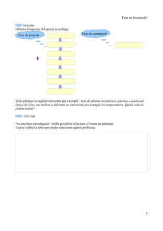 Fem un hivernacle!

     Activitat
Dibuixa l'esquema del procés tecnològic
  Fase de projecte                                 Fase de construcció




Se'ns planteja la següent necessitat per exemple : hem de plantar hortalisses i plantes a qualsevol
època de l'any, ens trobem a diferents inconvenients per exemple les temperatures. Quina solució
podem trobar?

      Activitat

Fes una breu investigació i troba possibles solucions a l'enunciat plantejat.
Escriu o dibuixa idees per poder solucionar aquest problema.




                                                                                                      5
 