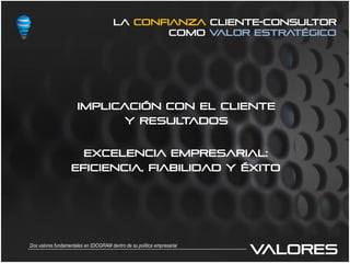 la confianza cliente-CONSULTOR
                                                Como valor estratégico




                      Implicación con el cliente
                                             y resultados


                          Excelencia empresarial:
                    eficiencia, Fiabilidad y éxito




Dos valores fundamentales en IDIOGRAM dentro de su política empresarial
                                                                          valores
 