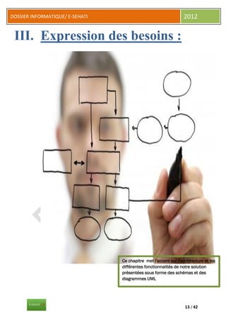 DOSSIER INFORMATIQUE/ E-SEHATI                                    2012


 III. Expression des besoins :




                                 Ce chapitre met l'accent sur l’architecture et les
                                 différentes fonctionnalités de notre solution
                                 présentées sous forme des schémas et des
                                 diagrammes UML




                                                                  13 / 42
 