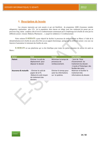 DOSSIER INFORMATIQUE/ E-SEHATI                                                                                  2012



                  1. Description de besoin

                  Les citoyens marocains qui sont assurés et qui ont bénéficiés du programme AMO (Assurance maladie
    obligatoire), représentent plus 12% de la population, dont chacun est obligé, pour être remboursé, de passer par un
    processus long, même complexe afin d’avoir le remboursement commençant par le remplissage de la feuille de soins par les
    différents acteurs (Assuré, Médecin, Pharmacien …) jusqu'à la validation et le remboursement.

              Notre solution E-SEHATI a pour objectif de faciliter le processus de remboursement au Maroc à l’aide de la
    dématérialisation de la feuille de soins afin d’être sur un support électronique partagé par les différents acteurs avec une vue
    futuriste d’automatiser le traitement des feuilles de soins.

              E-SEHATI est une plateforme qui va être bénéfique pour toutes les parties prenantes du secteur de santé au
    Maroc :


       Acteur                       Cout                            Temps                          Information
       Patient                      Eliminer le coût de             Minimiser le temps de          - Suivi de l’état
                                    déplacement pour                processus de                   d’avancement du
                                    déposer le dossier              remboursement.                 traitement du dossier.
                                                                                                   -L’accès à l’historique des
                                                                                                   feuilles des soins.
       Assurance & mutuelle         - Eliminer le coût de           Eliminer le temps pour         Maitriser et faciliter le
                                    papier de la FS.                saisir les informations        traitement des
                                    -Réduire le coût moyen          sur le système.                informations du dossier.
                                    de traitement des
                                    dossiers.




                                                                                                                 14 / 42
 
