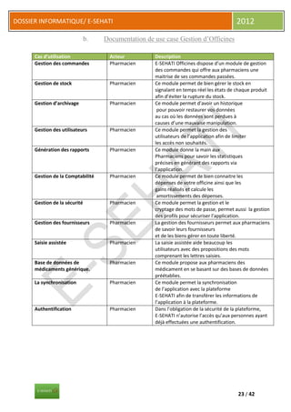 DOSSIER INFORMATIQUE/ E-SEHATI                                                           2012
                               b.   Documentation de use case Gestion d’Officines

      Cas d’utilisation               Acteur         Description
      Gestion des commandes           Pharmacien     E-SEHATI Officines dispose d’un module de gestion
                                                     des commandes qui offre aux pharmaciens une
                                                     maitrise de ses commandes passées.
      Gestion de stock                Pharmacien     Ce module permet de bien gérer le stock en
                                                     signalant en temps réel les états de chaque produit
                                                     afin d’éviter la rupture du stock.
      Gestion d’archivage             Pharmacien     Ce module permet d’avoir un historique
                                                      pour pouvoir restaurer vos données
                                                     au cas où les données sont perdues à
                                                     causes d’une mauvaise manipulation.
      Gestion des utilisateurs        Pharmacien     Ce module permet la gestion des
                                                     utilisateurs de l’application afin de limiter
                                                     les accès non souhaités.
      Génération des rapports         Pharmacien     Ce module donne la main aux
                                                     Pharmaciens pour savoir les statistiques
                                                     précises en générant des rapports via
                                                     l’application.
      Gestion de la Comptabilité      Pharmacien     Ce module permet de bien connaitre les
                                                     dépenses de votre officine ainsi que les
                                                     gains réalisés et calcule les
                                                      amortissements des dépenses.
      Gestion de la sécurité          Pharmacien     Ce module permet la gestion et le
                                                     cryptage des mots de passe, permet aussi la gestion
                                                     des profils pour sécuriser l’application.
      Gestion des fournisseurs        Pharmacien     La gestion des fournisseurs permet aux pharmaciens
                                                     de savoir leurs fournisseurs
                                                     et de les biens gérer en toute liberté.
      Saisie assistée                 Pharmacien     La saisie assistée aide beaucoup les
                                                     utilisateurs avec des propositions des mots
                                                     comprenant les lettres saisies.
      Base de données de              Pharmacien     Ce module propose aux pharmaciens des
      médicaments générique.                         médicament en se basant sur des bases de données
                                                     préétablies.
      La synchronisation              Pharmacien     Ce module permet la synchronisation
                                                     de l’application avec la plateforme
                                                     E-SEHATI afin de transférer les informations de
                                                     l’application à la plateforme.
      Authentification                Pharmacien     Dans l’obligation de la sécurité de la plateforme,
                                                     E-SEHATI n’autorise l’accès qu’aux personnes ayant
                                                     déjà effectuées une authentification.




                                                                                         23 / 42
 