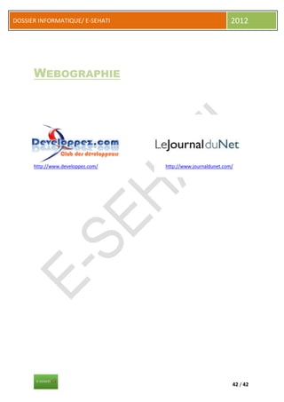 DOSSIER INFORMATIQUE/ E-SEHATI                                2012




      WEBOGRAPHIE




      http://www.developpez.com/   http://www.journaldunet.com/




                                                              42 / 42
 