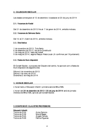 4
2. CALENDARI ESCOLAR
Les classes començaran el 12 de setembre i s’acabaran el 20 de juny de 2014
2.1. Vacancesde Nadal
Del 21 de desembre de 2013 fins al 7 de gener de 2014, ambdós inclosos.
2.2. Vacancesde Setmana Santa
Del 12 al 21 d’abril de 2014, ambdós inclosos.
2.3. Diesfestius
1 de novembre de 2013, Tots Sants
6 de desembre de 2013, dia de la Constitució
1 de maig de 2014, festa del treball
9 de maig de 2014, segona Pasqua -Festa Local- (A confirmar per l’Ajuntament)
2.4. Festesde lliure disposició
El Consell Escolar, a proposta del Claustre del centre, ha aprovat com a festes de
lliure disposició els següents dies:
Dilluns 4 de novembre de 2013
Dilluns 3 de març de 2014
Divendres 2 de maig de 2014
3. HORARI ESCOLAR
L’horari lectiu d’Educació Infantil i primària serà de 9h a 14h.
L’horari del 20 de desembre de 2013 i 20 de juny de 2014 serà de jornada
intensiva de 9h a 13h, aprovat pel Consell Escolar.
5.COMPOSICIÓ CLAUSTRE PROFESSORS
Educació Infantil:
Tutora de P-3A Anna Zamora
Tutora de P-3B Mercè Bages
Tutora de P-4A Àngels Tarrats
Tutora de P-4B Fàtima Figueras
 