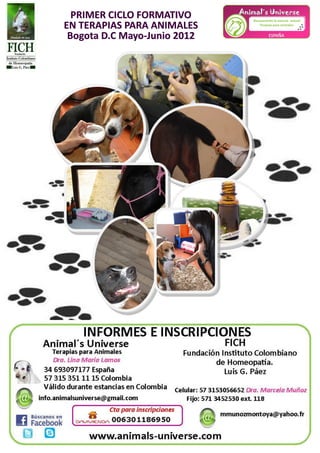 PRIMER CICLO FORMATIVO
EN TERAPIAS PARA ANIMALES
 Bogota D.C Mayo-Junio 2012
            Mayo-
 