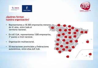 ¿Quiénes forman
nuestra organización?
• Representamos a 18.500 empresarios menores
de 41 años, entre todo el
territorio nacional.
• En AJE CLM, representamos 1200 empresarios,
3º puesto a nivel nacional.
• Organización multisectorial.
• 55 Asociaciones provinciales y Federaciones
autonómicas, entre ellas AJE CLM.
 