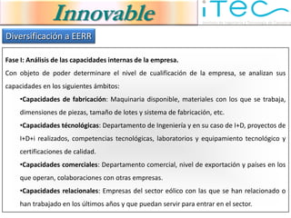 Innovable
Diversificación a EERR

Fase I: Análisis de las capacidades internas de la empresa.
Con objeto de poder determinare el nivel de cualificación de la empresa, se analizan sus
capacidades en los siguientes ámbitos:
    •Capacidades de fabricación: Maquinaria disponible, materiales con los que se trabaja,
    dimensiones de piezas, tamaño de lotes y sistema de fabricación, etc.
    •Capacidades técnológicas: Departamento de Ingeniería y en su caso de I+D, proyectos de
    I+D+i realizados, competencias tecnológicas, laboratorios y equipamiento tecnológico y
    certificaciones de calidad.
    •Capacidades comerciales: Departamento comercial, nivel de exportación y países en los
    que operan, colaboraciones con otras empresas.
    •Capacidades relacionales: Empresas del sector eólico con las que se han relacionado o
    han trabajado en los últimos años y que puedan servir para entrar en el sector.
 