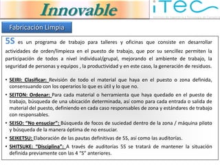 Innovable
 Fabricación Limpia
5S   es un programa de trabajo para talleres y oficinas que consiste en desarrollar
actividades de orden/limpieza en el puesto de trabajo, que por su sencillez permiten la
participación de todos a nivel individual/grupal, mejorando el ambiente de trabajo, la
seguridad de personas y equipos , la productividad y en este caso, la generación de residuos.

• SEIRI: Clasificar: Revisión de todo el material que haya en el puesto o zona definida,
  consensuando con los operarios lo que es útil y lo que no.
• SEITON: Ordenar: Para cada material o herramienta que haya quedado en el puesto de
  trabajo, búsqueda de una ubicación determinada, así como para cada entrada o salida de
  material del puesto, definiendo en cada caso responsables de zona y estándares de trabajo
  con responsables.
• SEISO: “No ensuciar”: Búsqueda de focos de suciedad dentro de la zona / máquina piloto
  y búsqueda de la manera óptima de no ensuciar.
• SEIKETSU: Elaboración de las pautas definitivas de 5S, así como las auditorías.
• SHITSUKE: “Disciplina”: A través de auditorías 5S se tratará de mantener la situación
  definida previamente con las 4 “S” anteriores.
 