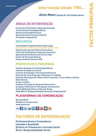 FACTOS PRINCIPAIS
                                          Intervenção desde 1984…
www.dianova.pt




                                          Alma Mater Equipa de +40 Colaboradores

             ÁREAS DE INTERVENÇÃO
             Prevenção & Promoção e Educação da Saúde
             Tratamento da Toxicodependência
             Reinserção Socioprofissional
             Desenvolvimento Sociocomunitário
             Formação e Capacitação

             RECURSOS
             Comunidade Terapêutica Quinta das Lapas
             (Certificada em Gestão da Qualidade NPEN ISO 9001:2008)
             Empresa de Inserção Viveiros Floricultura
             Centro de Acolhimento Temporário Casa Azul
             Apartamento de Reinserção Social Lisboa
             Centro de Formação Dianova
             Parque Aventura Emotiva 3G®

             PROTOCOLOS E PARCERIAS
             Instituto da Droga e da Toxicodependência
             Instituto da Segurança Social
             Instituto de Emprego e Formação Profissional
             Direcção-Geral de Emprego e Relações no Trabalho
             Câmaras Municipais de Lisboa, Oliveira Azeméis, Torres Vedras e Ourém
             Rede Dianova
             Grupo Lusófona
             Instituto Português de Corporate Governance
             European Federation of Therapeutic Communities
             Vienna NGO Committee on Narcotic Drugs
             Rede RSO PT (Responsabilidade Social das Organizações)

             PLATAFORMAS DE COMUNICAÇÃO
             Revista EXIT®
             Relatório e Contas Anual
             www.dianova.pt




             FACTORES DE DIFERENCIAÇÃO
             Profissionalismo e Competência
             Inovação e Qualidade
             Eficácia no Tratamento e Inclusão Social
             Ética e Responsabilidade Social                                           3
 