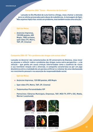 www.dianova.pt


                           Campanha 2006 “Caras – Momentos de Confusão”

                      Lançada no Dia Mundial de Luta Contra a Droga, visou chamar a atenção
                   para os efeitos provocados pelo abuso de substâncias. A mensagem do Spot:
                 “Não sejamos hipócritas: existe um problema, mas também existe uma solução.”



                 Split de Meios

                 Anúncios Imprensa,
                 120 000 postais, 600
                 Mupis, 1000 cartazes,
                 spot vídeo (TV, Metro,
                 TAP, CP, Cinema)




       Campanha 2004-05 “Vê o problema das drogas com outros olhos”

       Lançada no decorrer das comemorações do XX aniversário da Dianova, visou levar
       as pessoas a reflectir sobre o problema das drogas numa outra perspectiva – a da
       solução – que ponha em causa crenças interiorizadas como a ausência de riscos
       e sua inevitável relação com a diversão. A campanha caracterizou-se por um jogo
       dicotómico entre a realidade de um paraíso artificial e o retomar de uma vida baseada
       no crescimento pessoal e na assunção da responsabilidade social.

                 Split de Meios

                 Anúncios Imprensa, 120 000 postais, 600 Mupis

                 Spot vídeo (TV, Metro, TAP, CP, Cinema)

                 Testemunhos Personalidades VIP

                 Patrocínios: Câmaras Municipais, Empresas, TAP, MCO TV, RTP e SIC, Media,
                 Warner Lusomundo




                                                                                                32
 