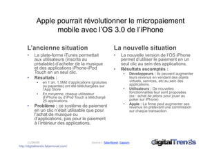 Apple pourrait révolutionner le micropaiement
                   mobile avec l’OS 3.0 de l’iPhone

      L’ancienne situation                                      La nouvelle situation
      •    La plate-forme iTunes permettait                     •     La nouvelle version de l’OS iPhone
           aux utilisateurs (inscrits au                              permet d’utiliser le paiement en un
           préalable) d’acheter de la musique                         seul clic au sein des applications.
           et des applications iPhone-iPod                      •     Résultats escomptés :
           Touch en un seul clic.                                      •    Développeurs : Ils peuvent augmenter
      •    Résultats :                                                      leurs revenus en vendant des objets
             •    en 1 an, 1,5Md d’applications (gratuites                  virtuels, services, etc au sein des
                  ou payantes) ont été téléchargées sur                     applications.
                  l’App Store                                          •    Utilisateurs : De nouvelles
             •    En moyenne, chaque utilisateur                            fonctionnalités leur sont proposées
                  d’iPhone ou d’iPod Touch a téléchargé                     (ex : achat de jetons pour jouer au
                  25 applications.                                          poker sur iPhone)
                                                                       •    Apple : La firme peut augmenter ses
      •    Problème : ce système de paiement                                revenus en prélevant une commission
           en un clic n’était utilisable que pour                           sur chaque transaction.
           l’achat de musique ou
           d’applications, pas pour le paiement
           à l’intérieur des applications.



       11/09/09                                 Sources : faberNovel, Gigaom 
http://digitaltrends.fabernovel.com/
 